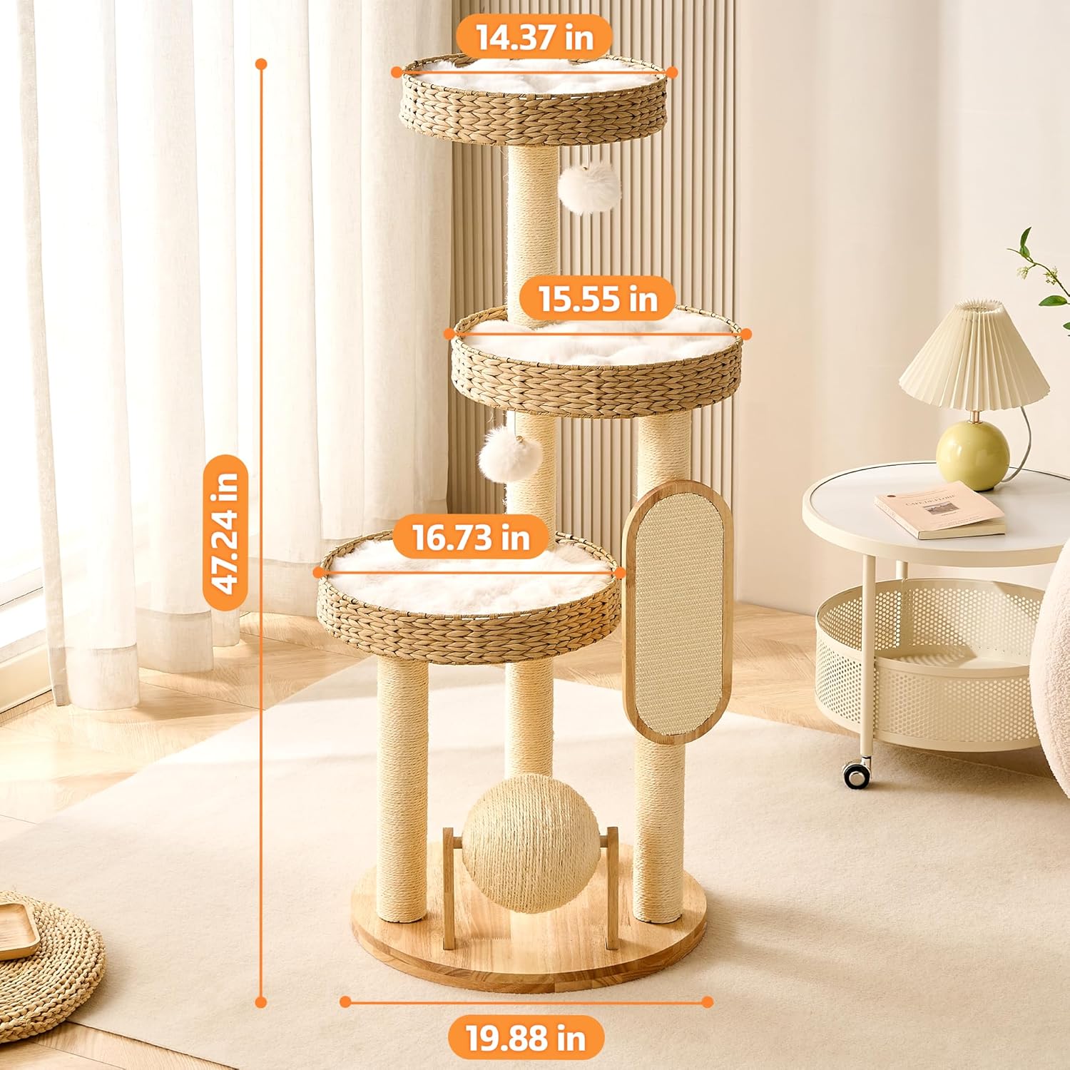 Modern Cat Tree Tower for Large Cat with Scratching Post for Indoor, 46 inch Multi-Level Solid Wood Cat Tower with Handwoven Beds, Scratching Boards, Scratcher Ball, Dangling Balls