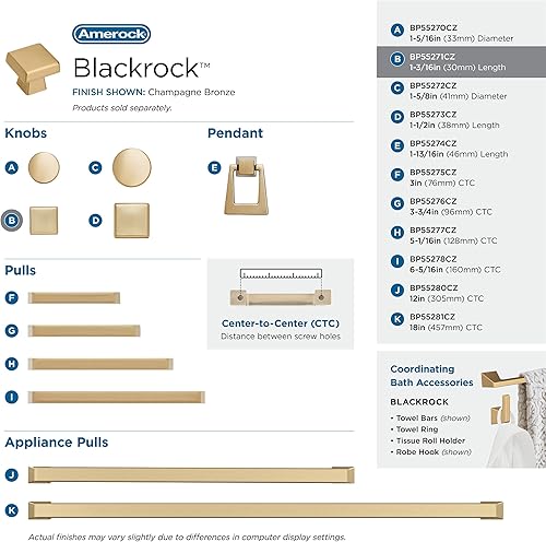 Miniatura 4 de Amerock Pomo de gabinete  Bronce champán  Longitud de 1-316 pulgadas (1.181 in)  Roca negra  Paquete de 2  Perilla de cajón  Herrajes para gabinete