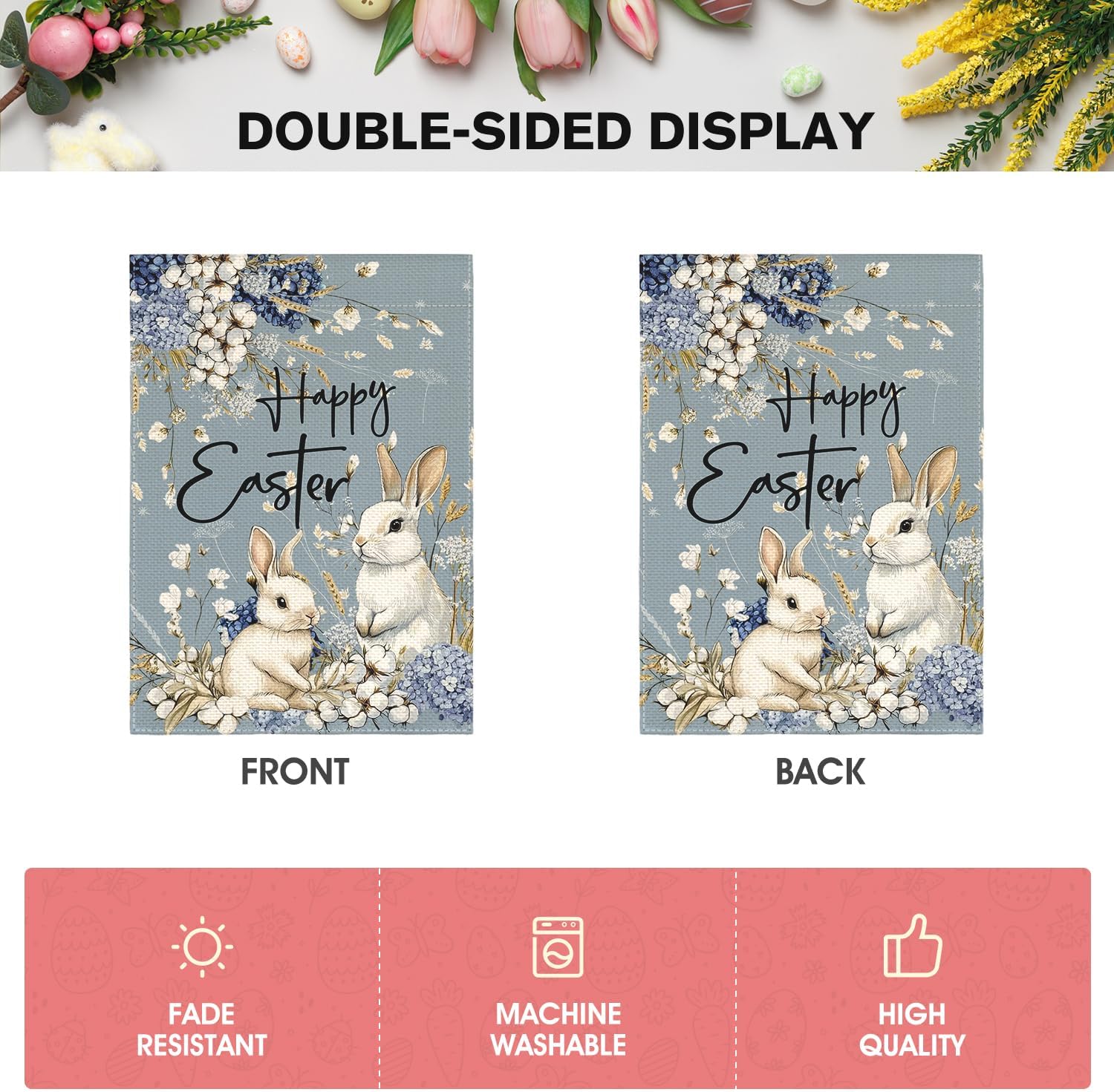 AVOIN colorlife Happy Easter Floral Garden Flag 12x18 Inch Double Sided Outside, Flowers Bunny Rabbit Yard Outdoor Flag - Image 6
