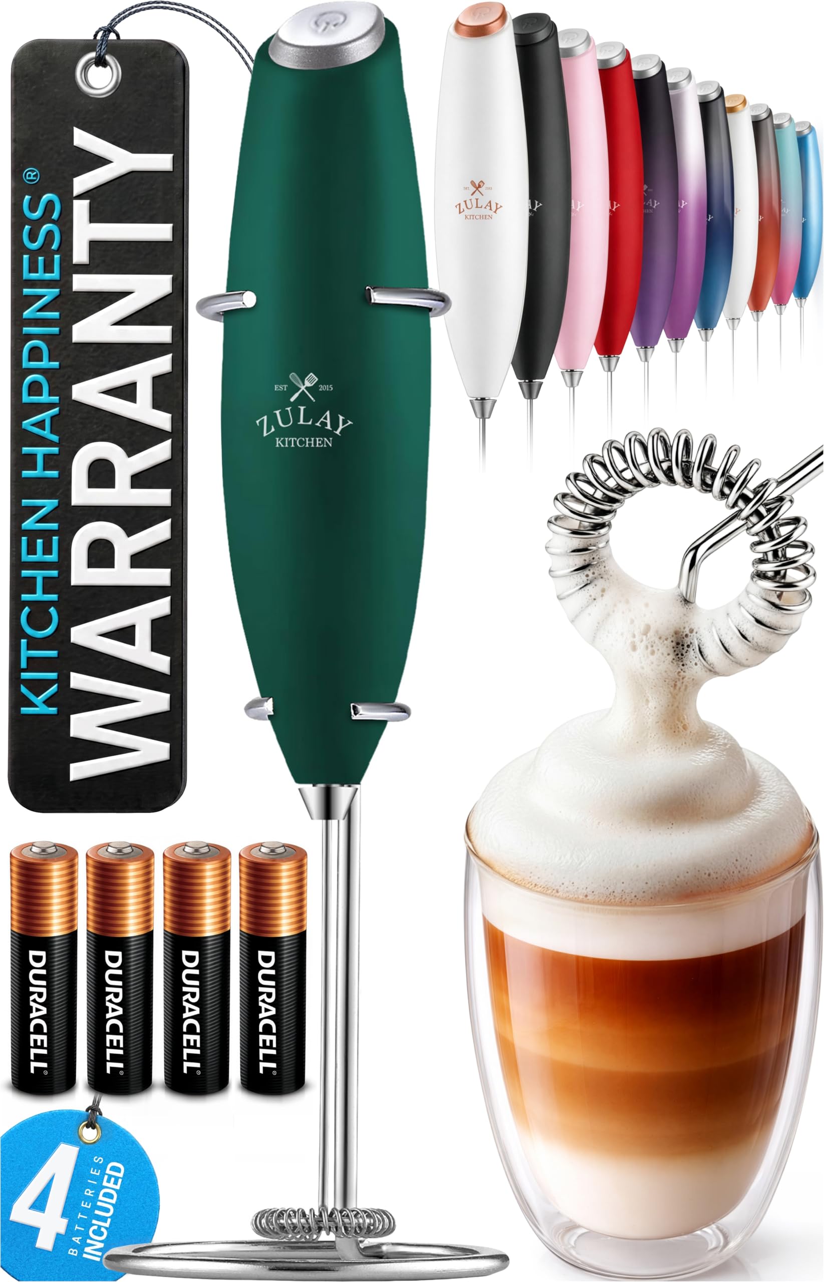 Zulay Kitchen Powerful Milk Frother Wand With Duracell Batteries - Ultra Fast Handheld Drink Mixer - Electric Whisk Foam Maker for Coffee, Lattes, Cappuccino &amp; Matcha - Z1 Motor - Dark Green