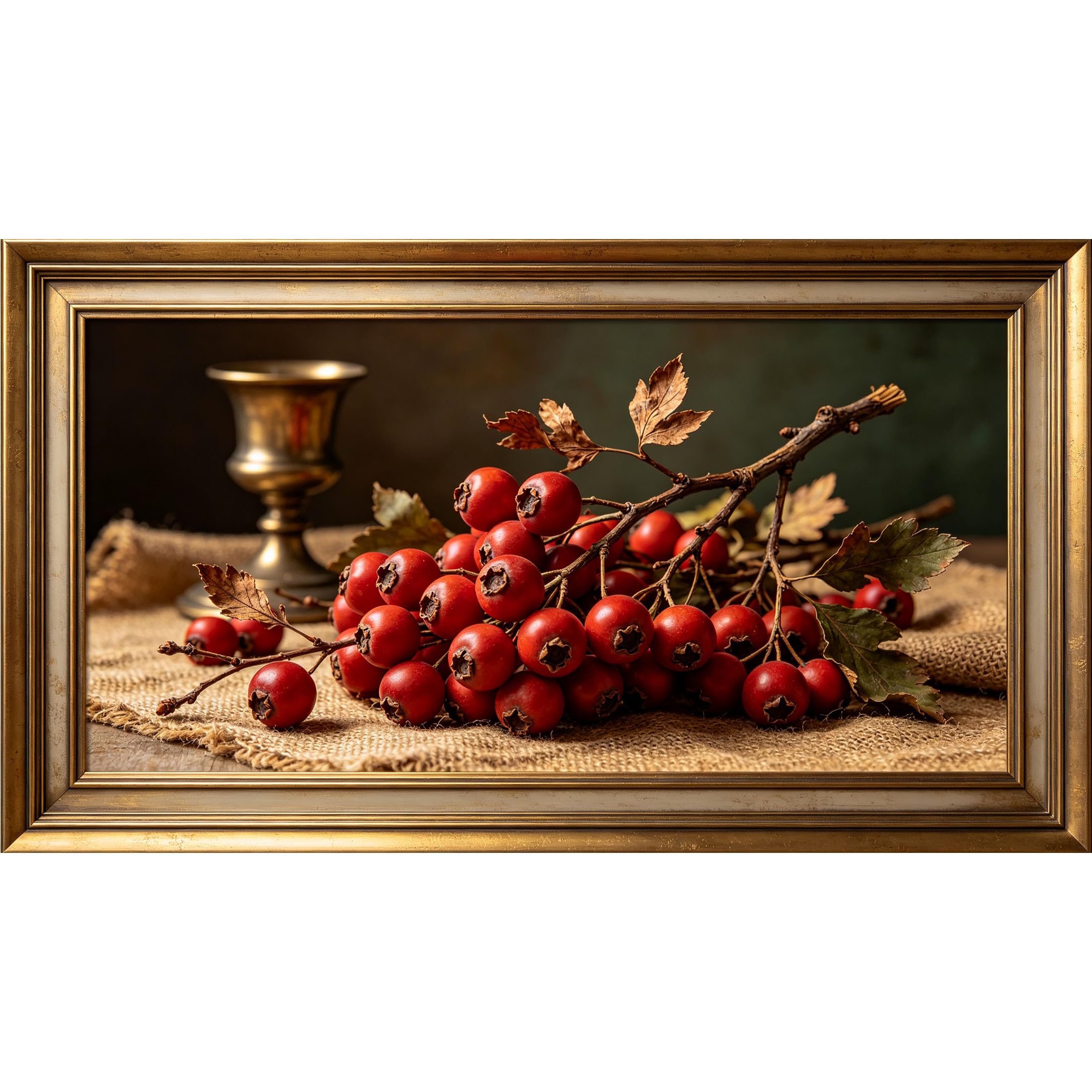 QZLITHOTIC 50x90cm3D Framed Wall Art， Vintage Red Berry Still Life Self‑Adhesive Mural， Water‑Activated Peel & Stick Fabric Decor Wall Decal for Bedroom Living Room
