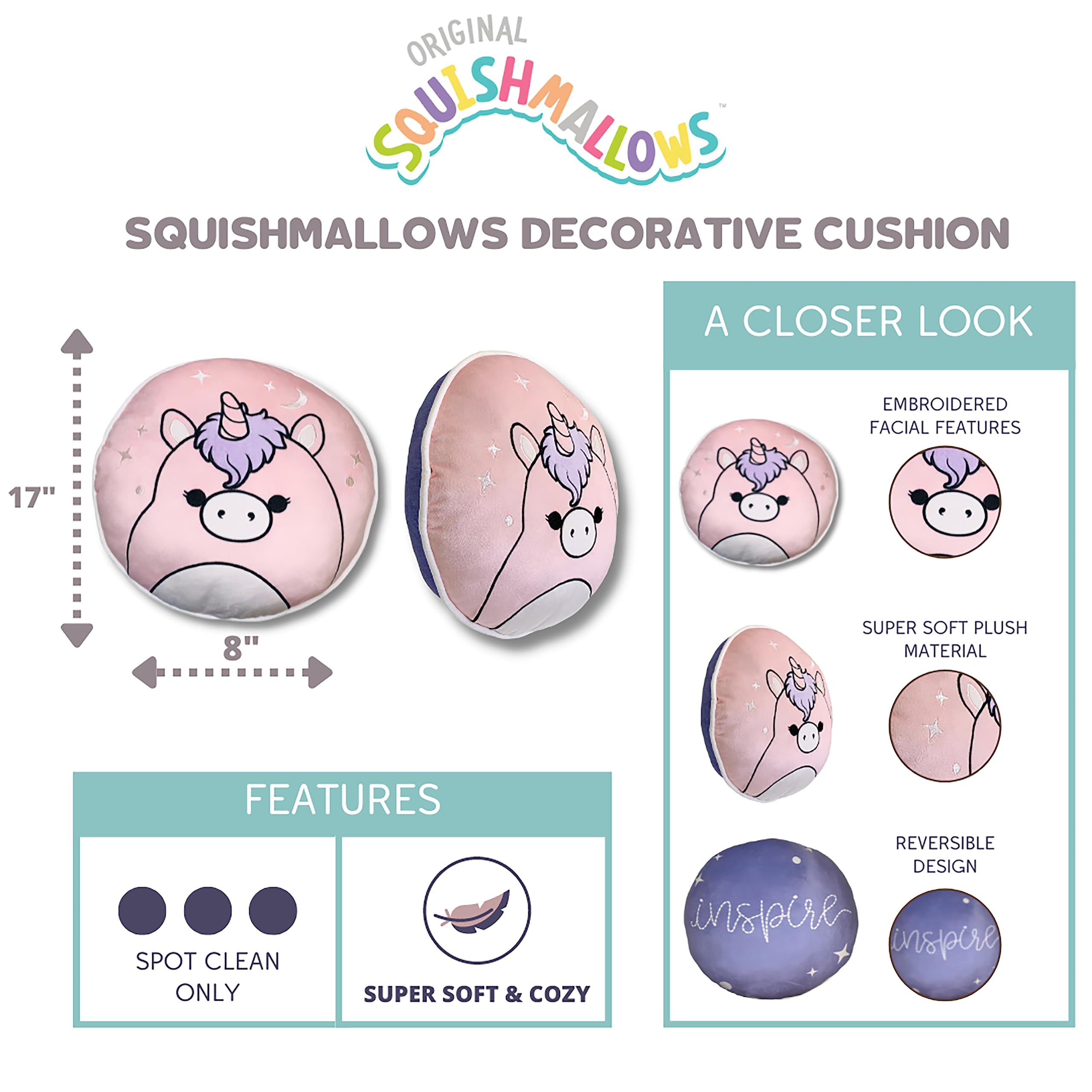 Franco Squishmallows - Cojín decorativo de ropa de cama súper suave, 8 pulgadas redondo