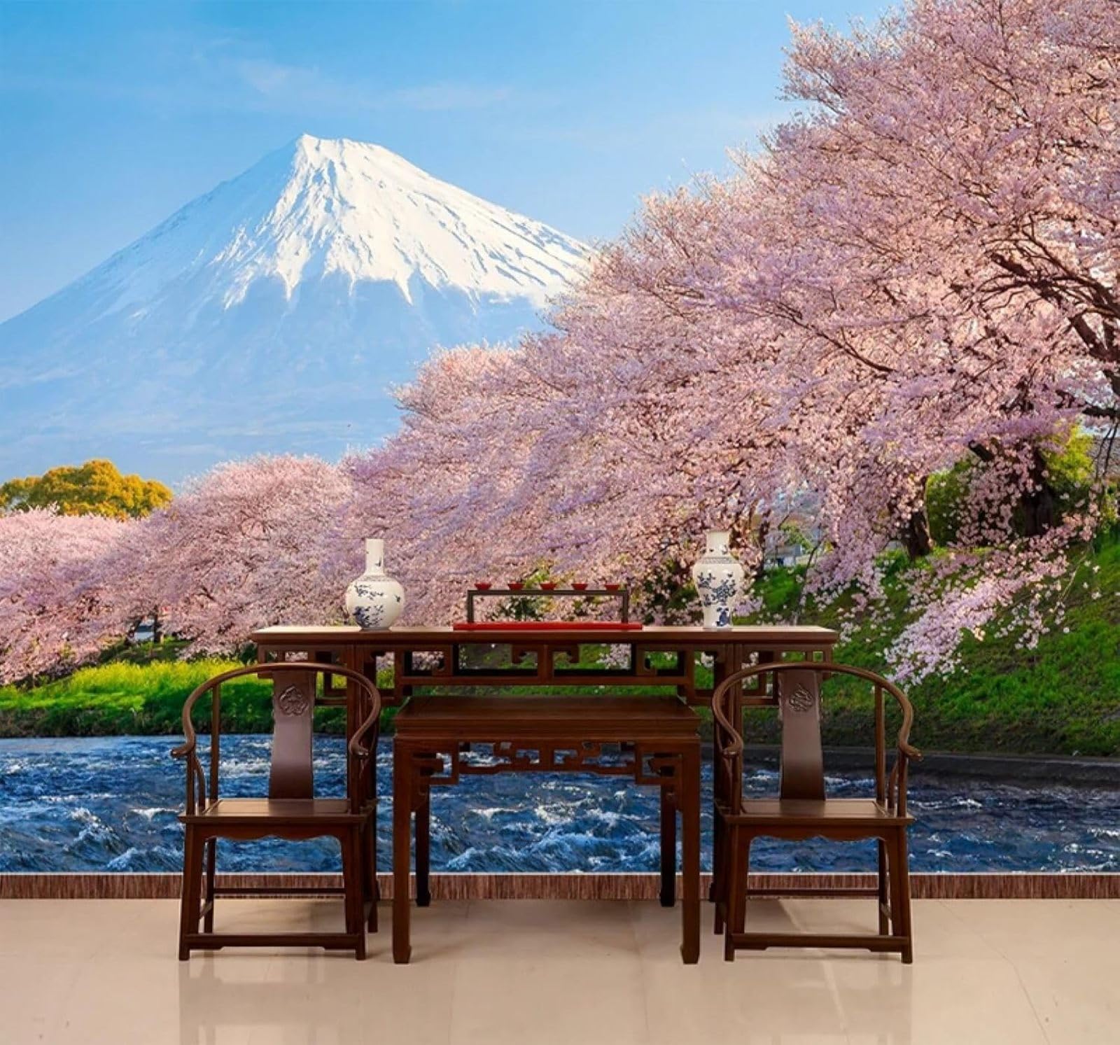 Xlming 400Cm×280Cm(B×H) Beautiful Cherry Blossoms Snow Capped Mountains Rivers Natural Scenery 3D Wallpaper Premium Textured Silk Study Dining Living Room Bedroom Sofa Tv Wall Easy Install-400Cm×280Cm
