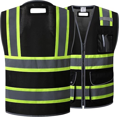 Miniatura 2 de HATAUNKI Chalecos de seguridad Retro-Reflection de malla negra resistente con 11 bolsillos multifunción y cremallera frontal ANSIISEA 107-2015