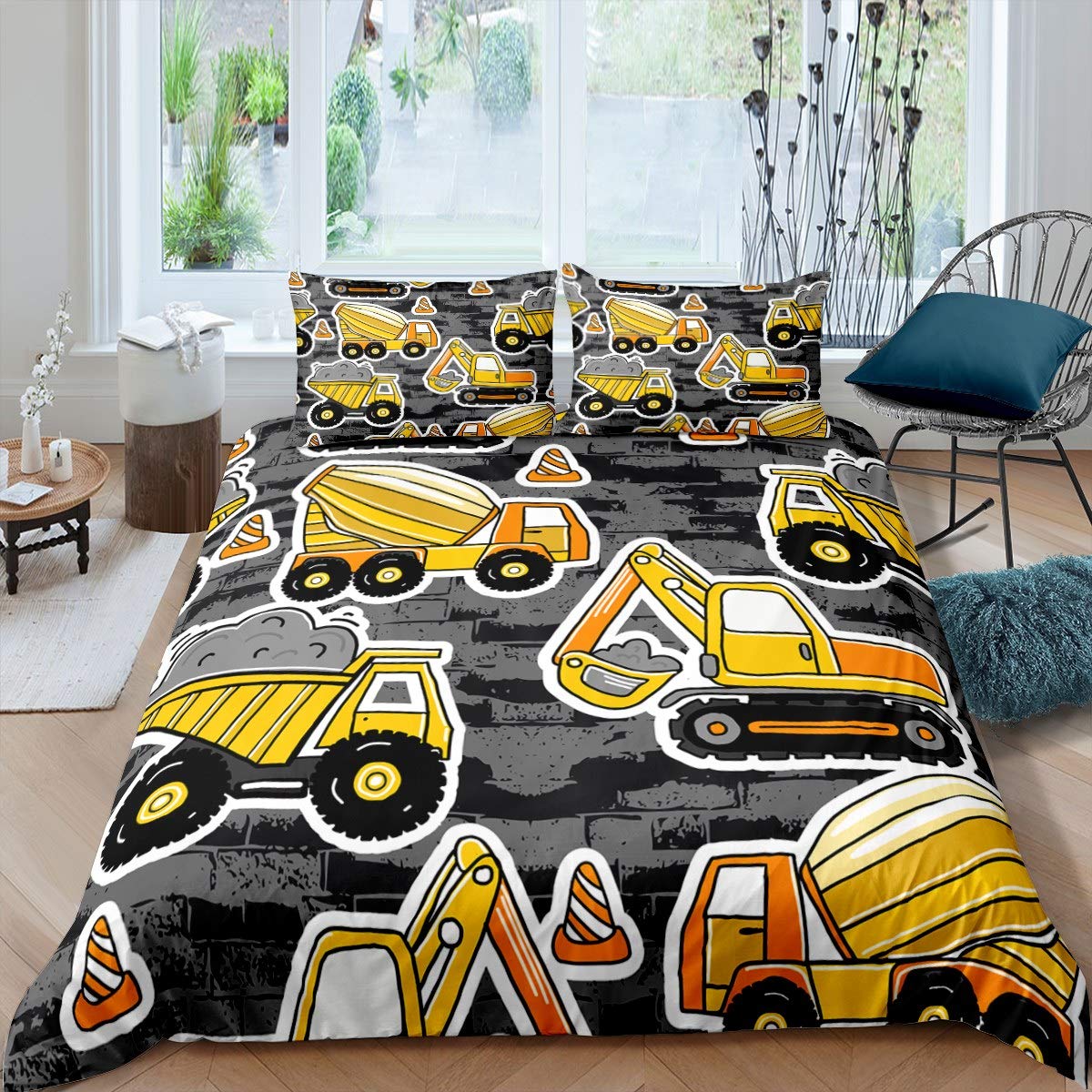 Loussiesd Excavator Bedding Set for Kids Boys Concrete Truck Pattern Duvet Cover Child Teens Construction Bedding Set Cartoon Cars Quilt Cover Bedroom Decor 3Pcs Super King Size — image 1