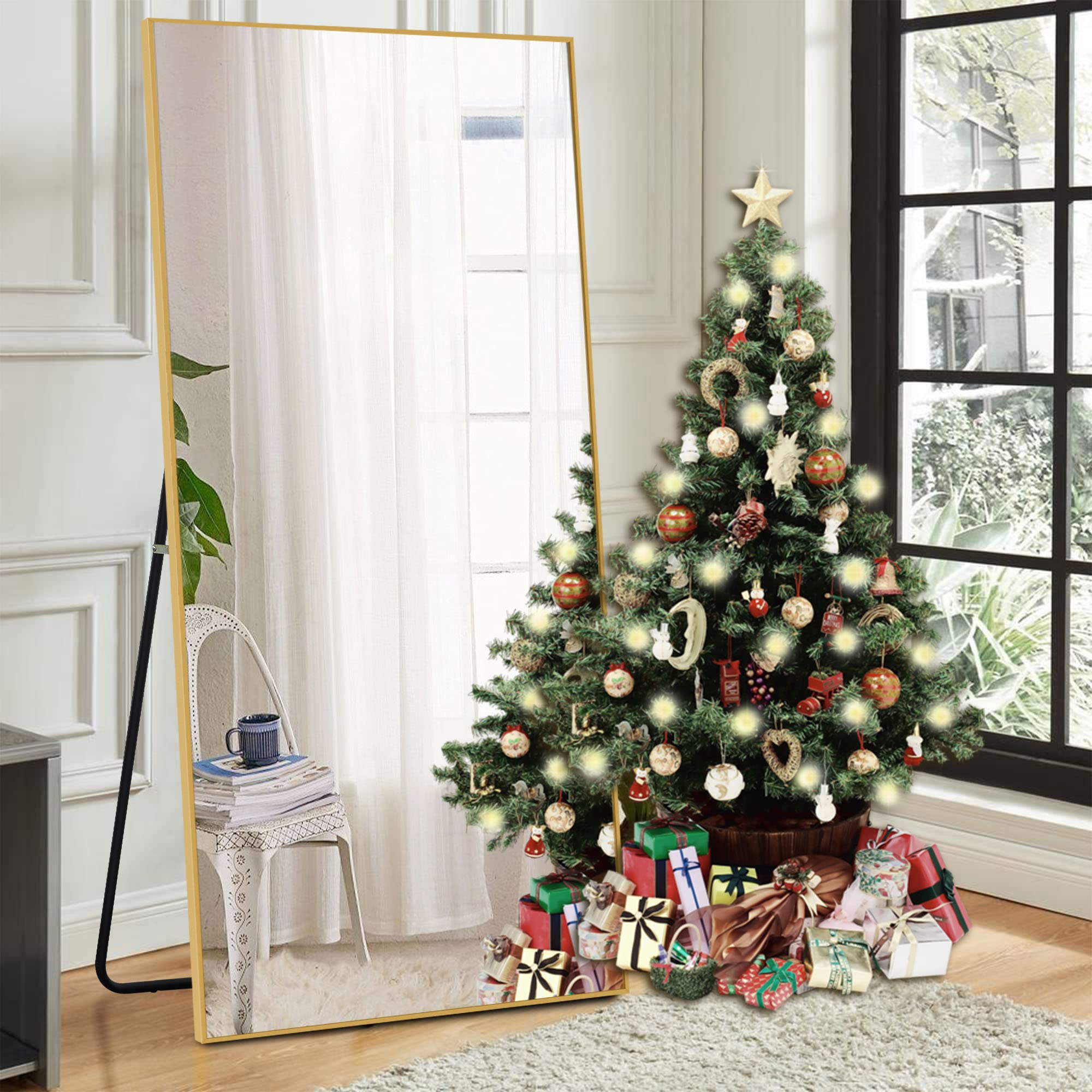 KIAYACI Grote spiegel in volledige lengte, met standaard, slaapkamer, dressing, full-body wandspiegel (goud, 180 x 81 cm
