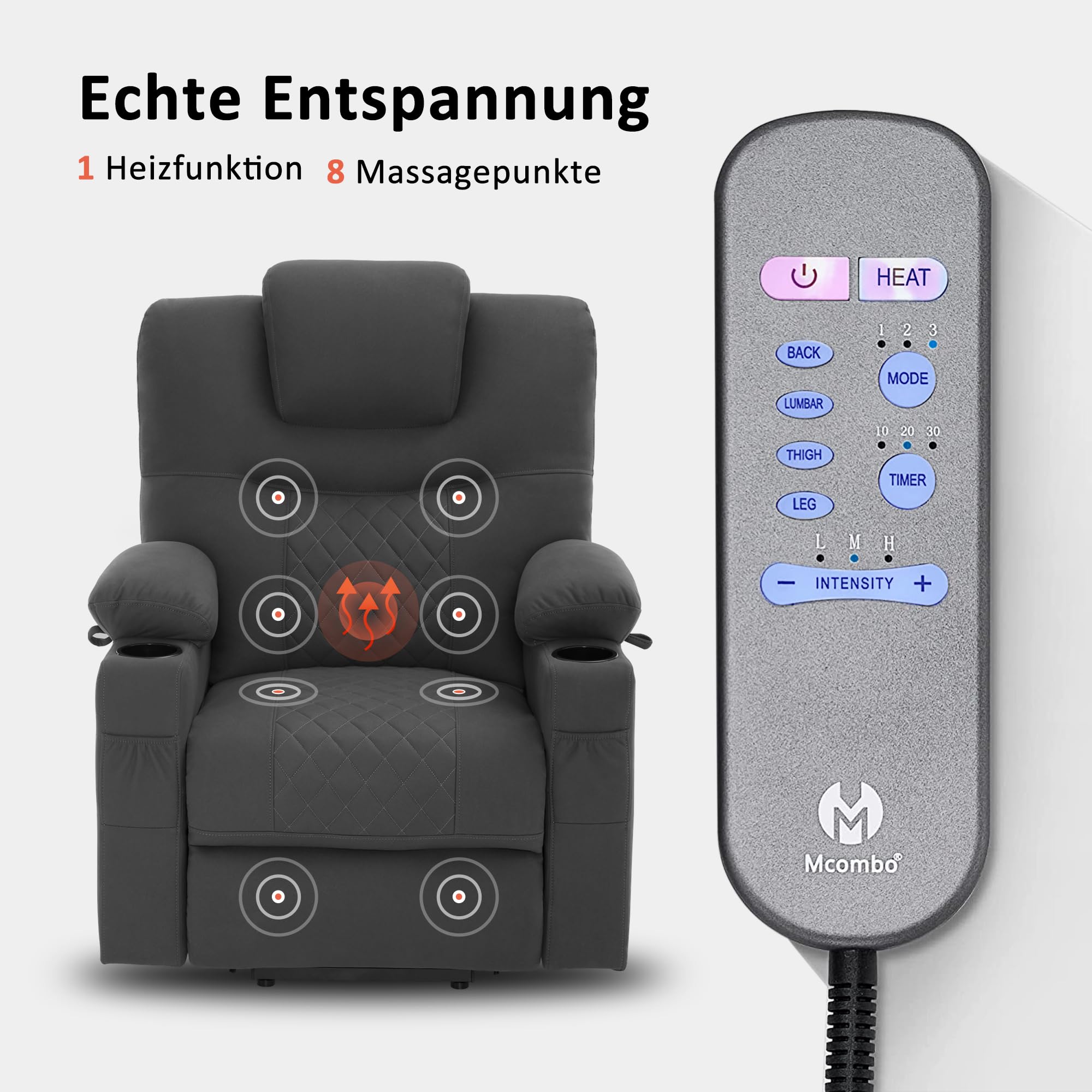 M MCombo Fernsehsessel mit Aufstehhilfe elektrisch, 2 Motoren, Rückenlehne & Beinstütze getrennt verstellbar, eine Taste zum Zurücksetzen, Massagesessel mit Wärmefunktion 7565 (Mikrofaser, Dunkelgrau)