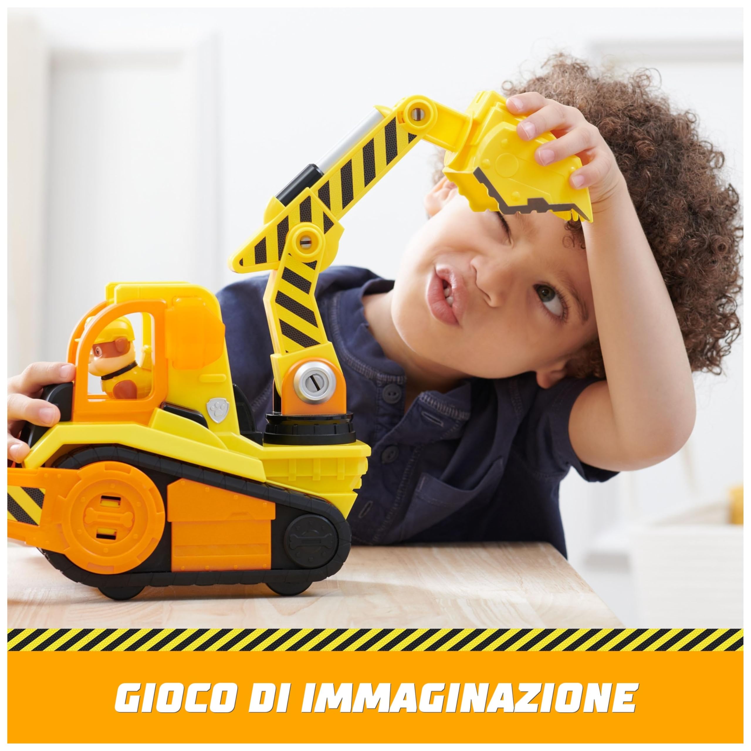 Rubble & Crew, Veicolo da lavoro Deluxe di Rubble, Bulldozer da cantiere con luci, suoni e personaggio, giocattoli per bambini e bambine dai 3 anni in su