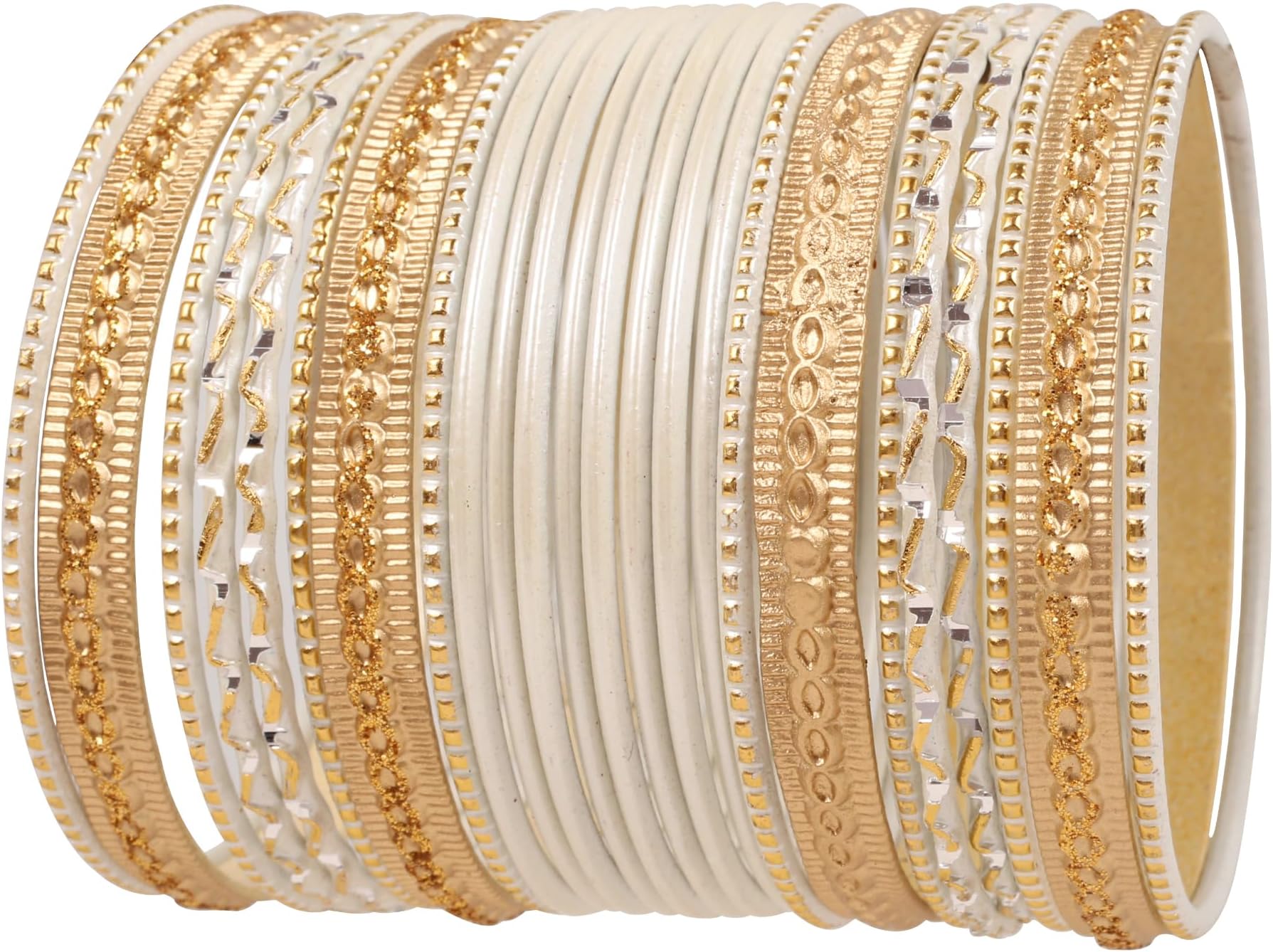 TouchstoneNew Colorful Two Dozen Bangle Collection" Indian Bollywood Texture White Golden Color Designer Jewelry Bangle Bracelets Set of 24 Antique Gold Tone for Women, Wood Metal