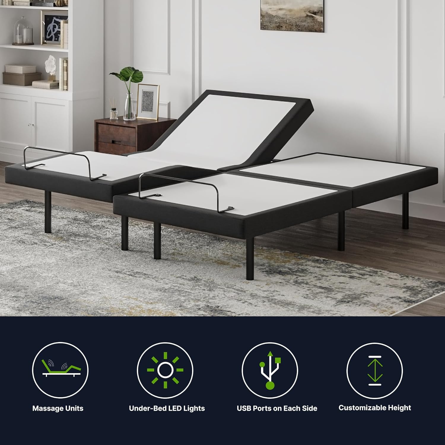 GhostBed Adjustable Bed Frame Split King 14" Cooling Memory Foam Mattress - Adjustable Electric Bed Base with Zero Gravity and Massage – Split King Adjustable Base with Mattress