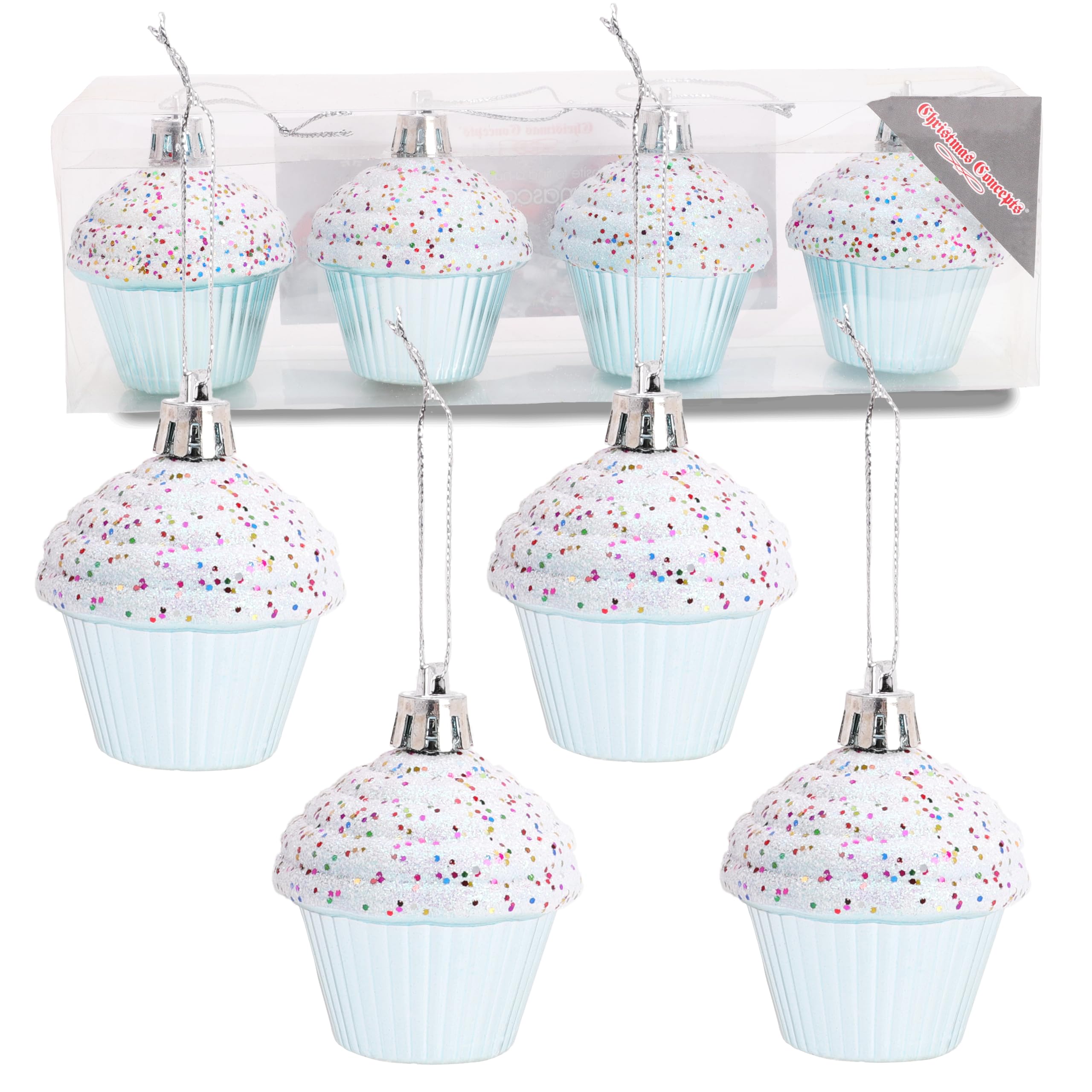 Christmas Concepts® Pack of 4-60mm (2.3") Baby Blue Glittery Festive Cupcake Baubles - Christmas Tree Decorations