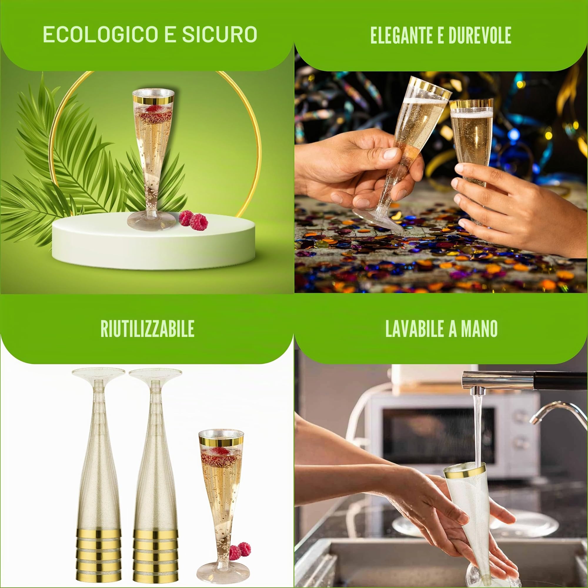 Flauti da Champagne Di Alta Qualità Riutilizzabili da 133 ml Con Bordo Dorato BPA gratuito, Set di 50 Eleganti Flauti In Plastica Resistenti,per Festa di Matrimonio, Compleanni e Cocktail in Plastica