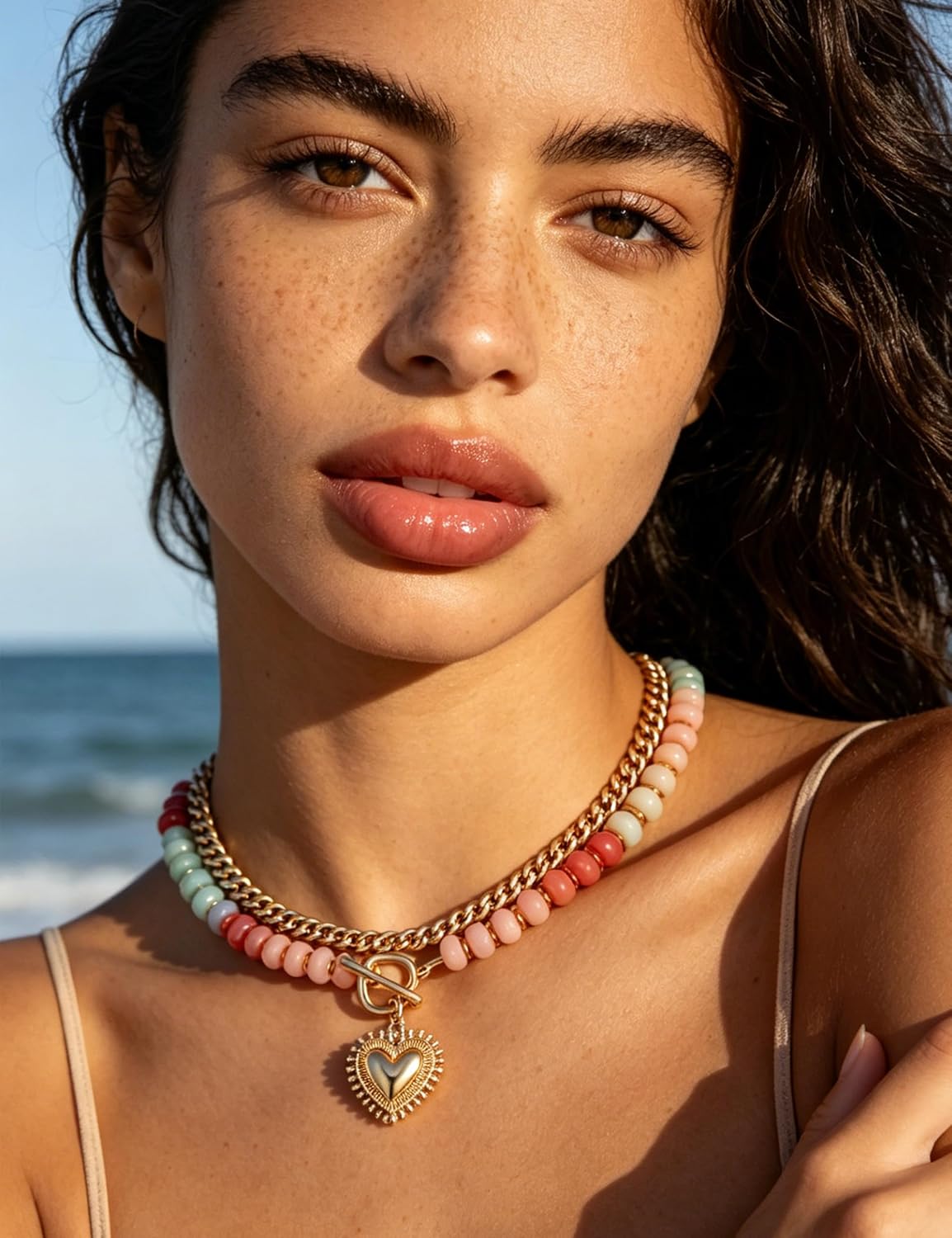 Double Layered Necklaces for Women,Colored Acrylic Beaded Choker,Gold Heart Charm Pendant, Chunky Chain Unique Stacked Necklace,Boho Summer Beach Jewelry