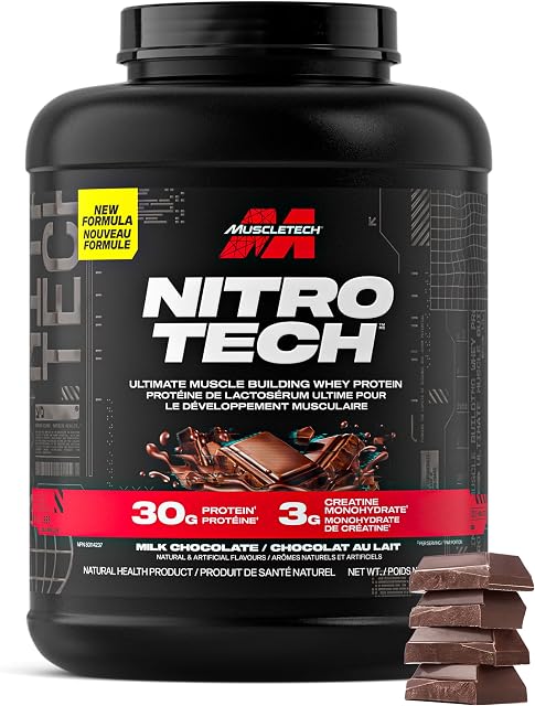 Muscletech Poudre de protéines de lactosérum - Formule ultime de construction musculaire de Nitro-Tech avec Isolation de protéines de lactosérum & Peptides - 30g des protéines, 3g de la créatine & 6.8g des BCAA - Chocolat au lait, 5 Livre (paquet de 1)