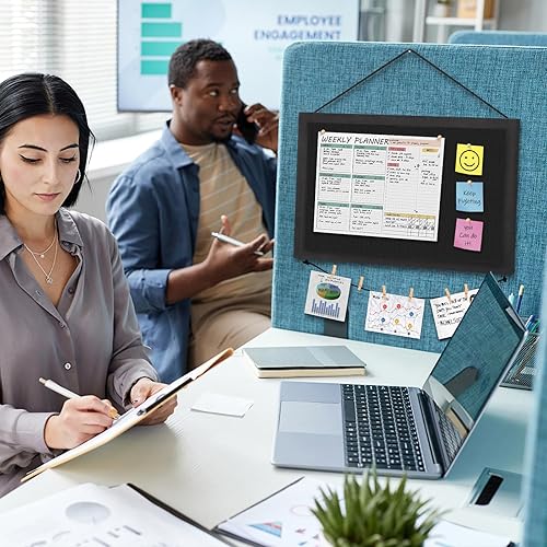 Miniatura 5 de Miratino 2 tablones de anuncios de 16 x 11 pulgadas, tableros de corcho de lino negro para paredes con marco negro, tablero de visión para