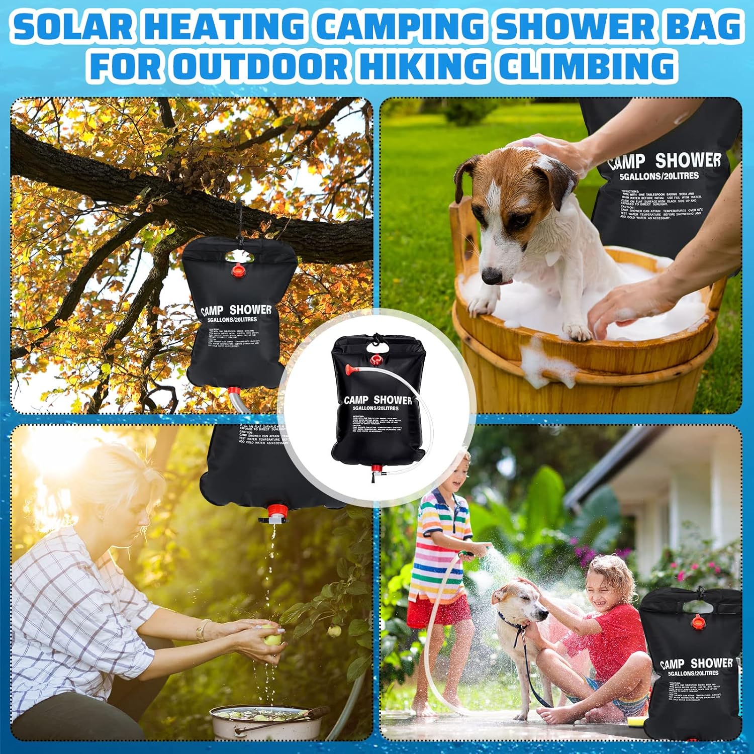 VIHOSE 6 Pcs Solar Shower Bags 5 Gallons/ 20 l Solar Heating Camping Shower Bags with Removable Hose for Camping Beach Swimming Outdoor Traveling Hiking Climbing(Black)