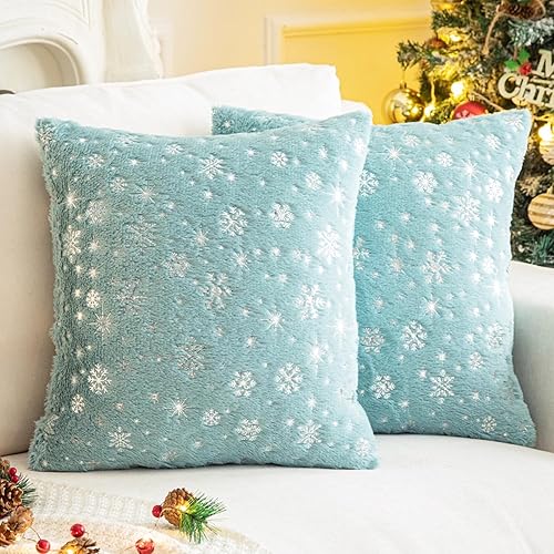 Miniatura 4 de AQOTHES Fundas de almohada decorativas de piel sintética suave con purpurina de copo de nieve para decoración de Navidad, hogar, cama, habitación,
