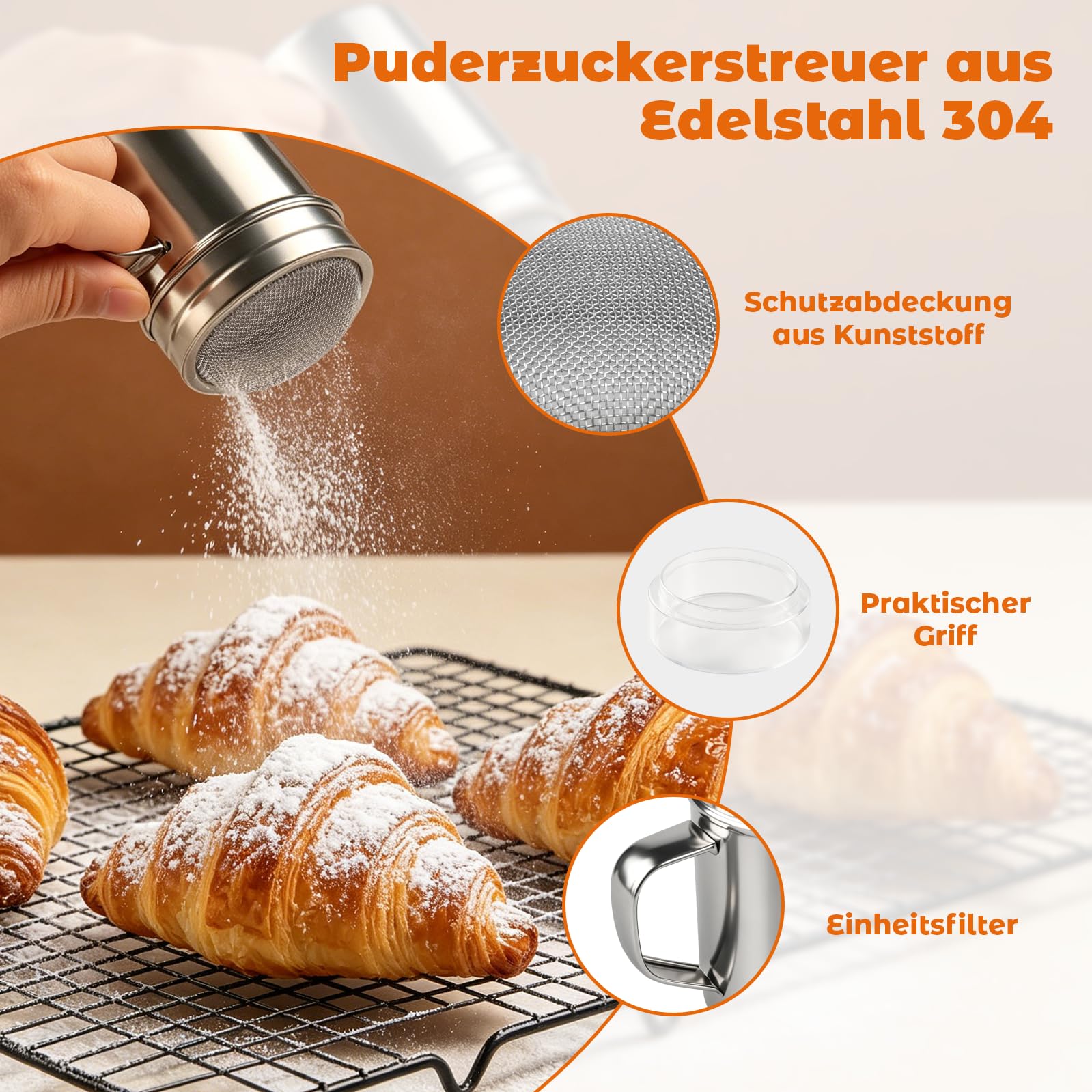 2 Stück Puderzuckerstreuer 304 Edelstahl, Mehlstreuer mit Griff & Deckel, Kakaostreuer für Cappuccino, Staubzuckerstreuer Zimtstreuer, Puderzuckermühle zum Drehen, Mehlsieb Puderzuckersieb Feinmaschig