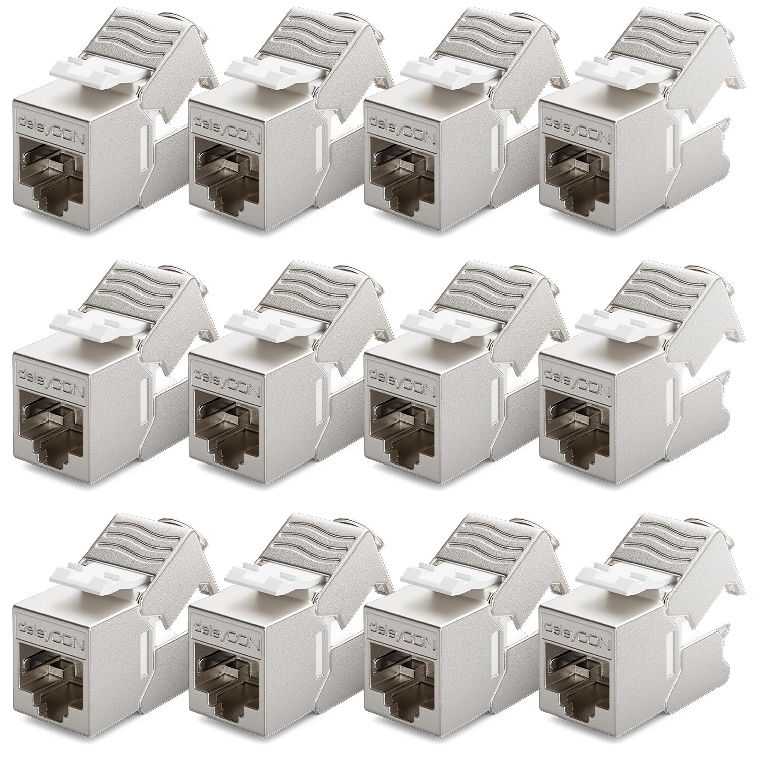 deleyCON 12x RJ45 Keystone Modul Jack Werkzeuglos (10 GBit/s, 500 MHz) LSA Vollgeschirmt STP Buchse LAN Patchkabel Ethernet für CAT8 CAT7 CAT6 CAT5 Kabel Netzwerkkabel Dose Patchpanel