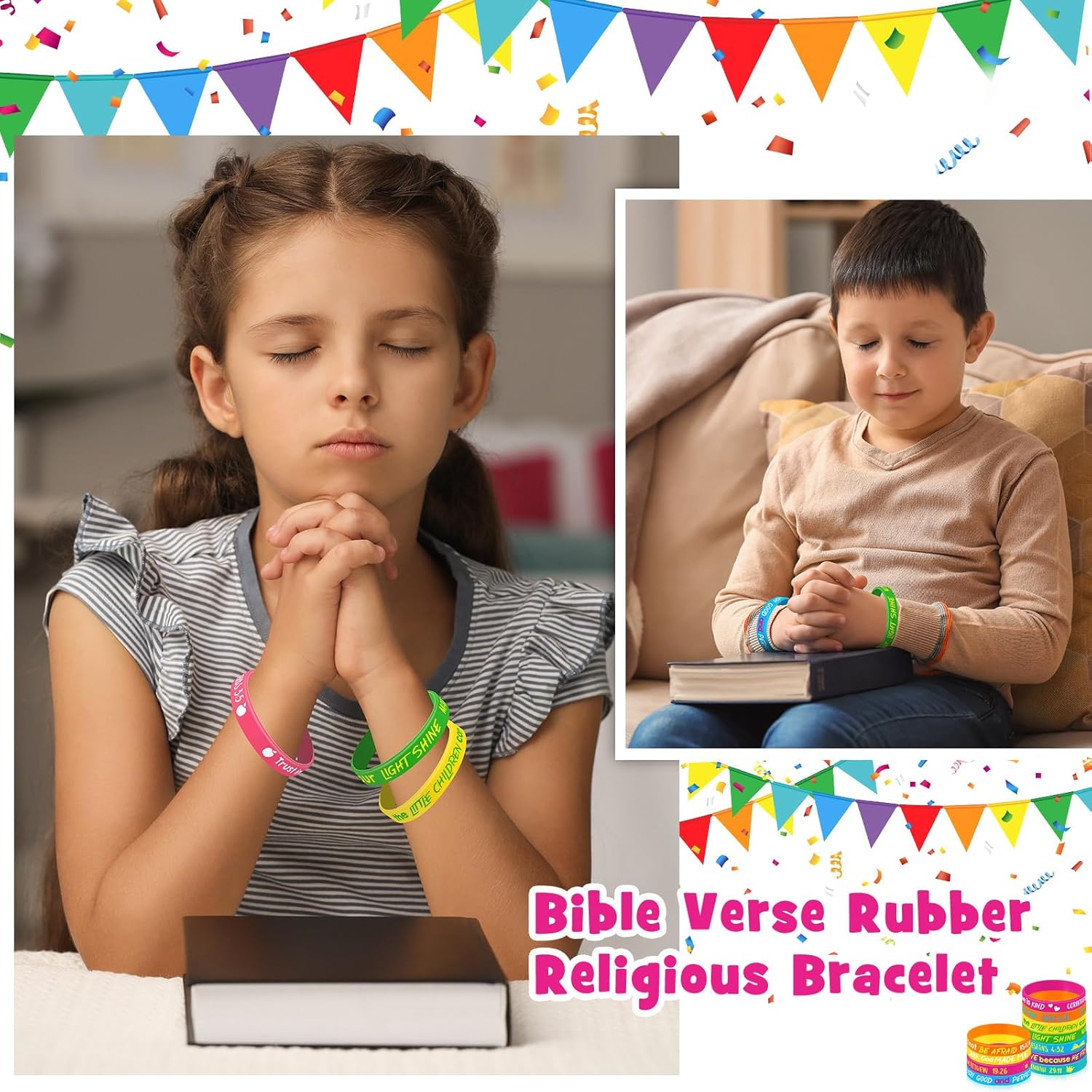 Gueevin 120 Pcs Bible Verse Bracelets for Kids Christian Scripture Bracelets Jesus Wristband Religious Motivational Valentine Kids School Gifts Classroom Prizes (Classic,Classic Color)
