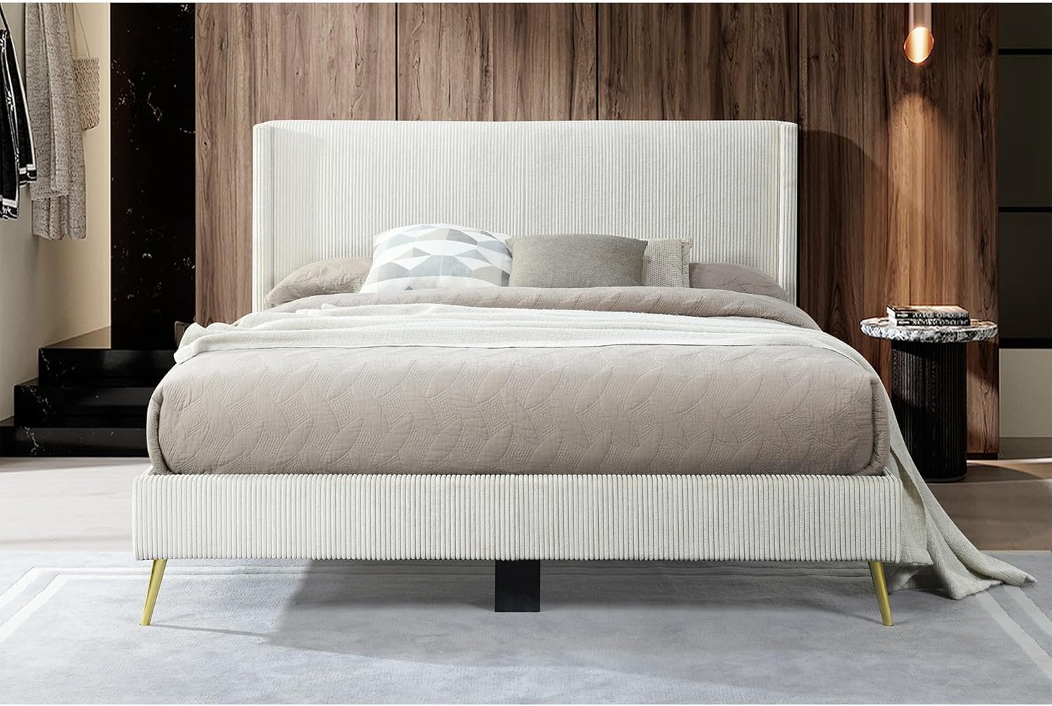 Better Home Products Corduroy Platform Queen Bed with Gold Metal Legs, Solid Wood Frame & Wing Back Headboard in Cream (Cream, Queen)