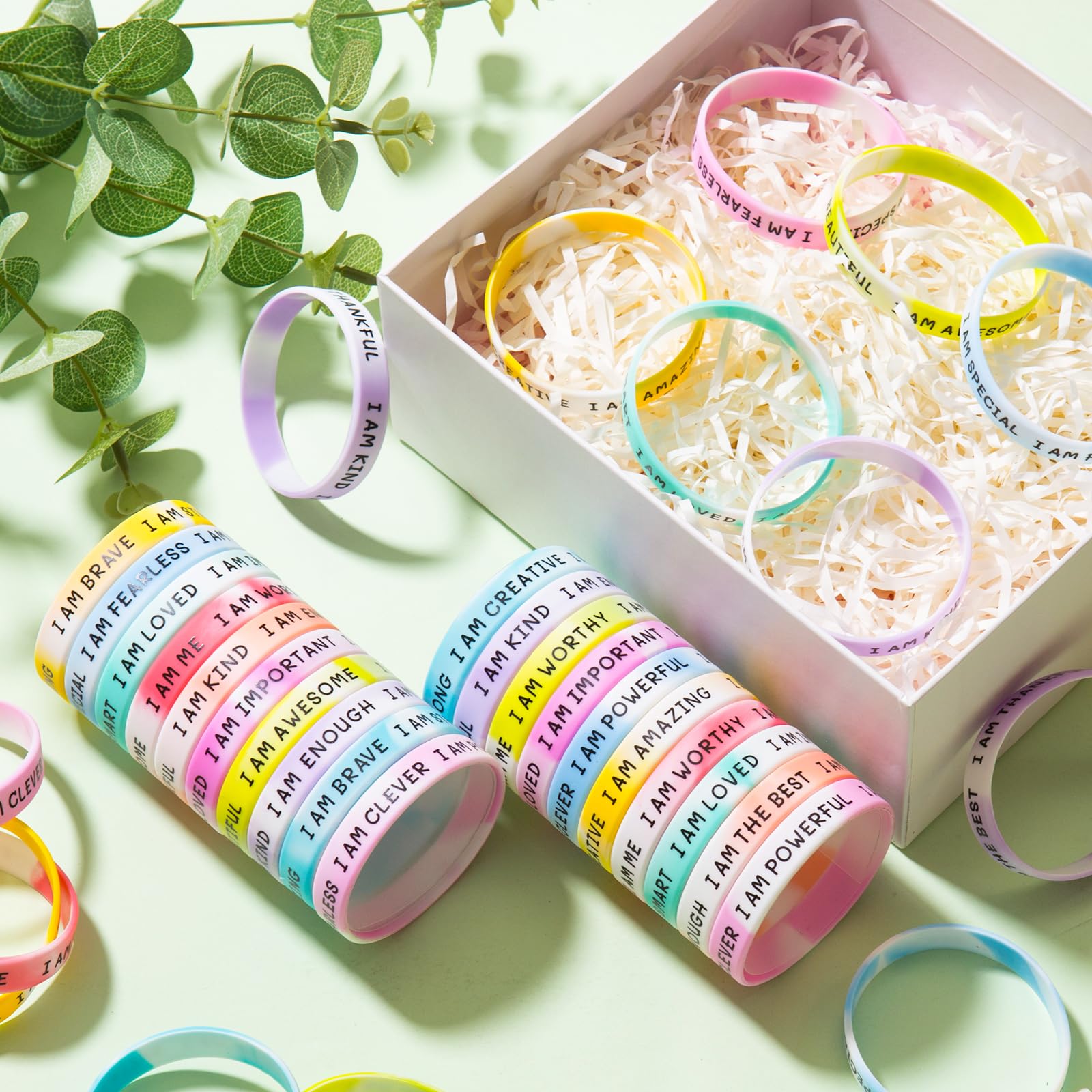 KUCLIN 100 Pieces Students Inspirational Silicone Wristbands Motivational Quotes Rubber Bracelets for Kids Students Back to School Gifts (Swirl Colours)