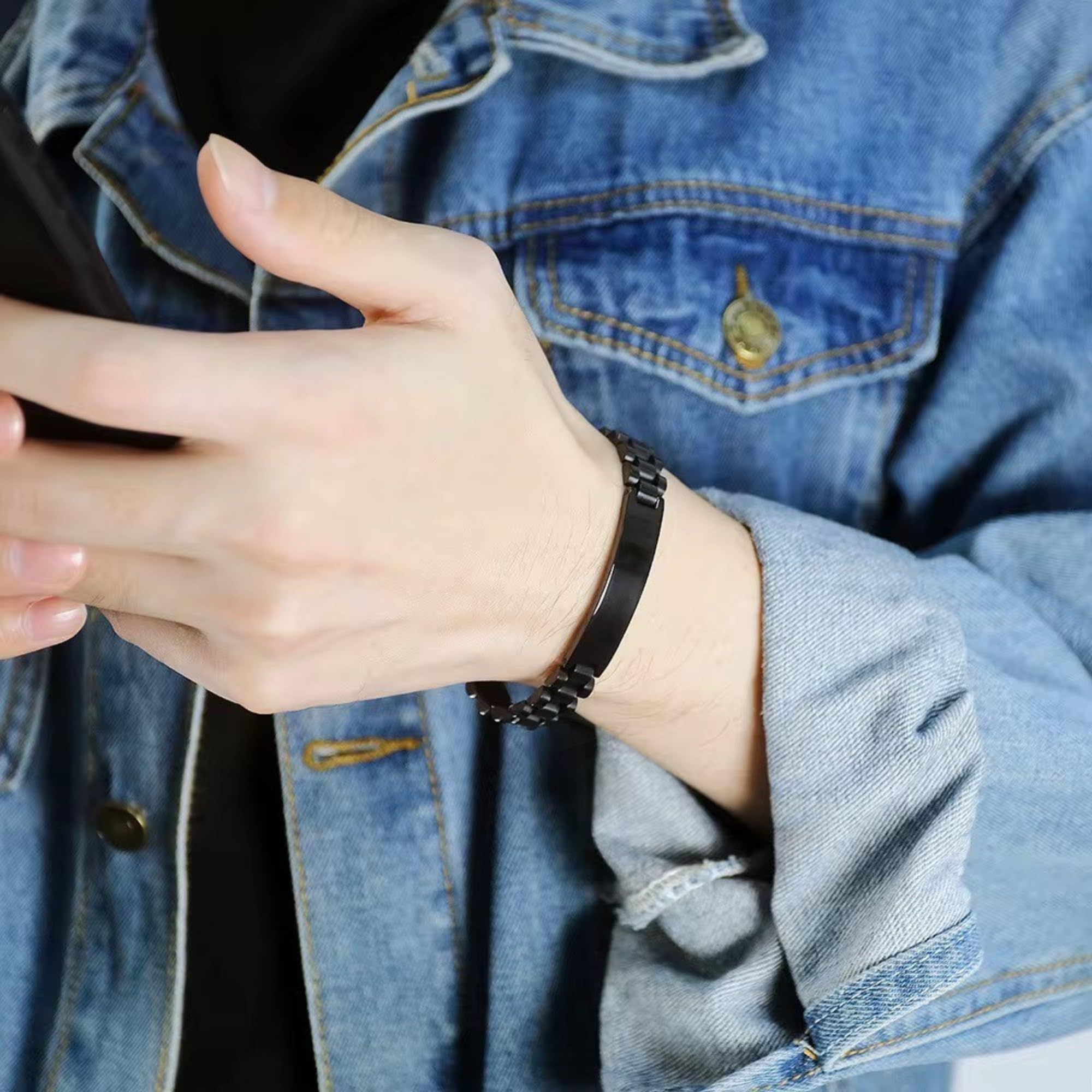 Pulsera Hombre Acero Inoxidable-Pulseras con Placa Grabable Personalizada-Grabado Personalizado Nombre Fecha-Regalo Pareja Aniversario Graduacion Cumpleaños (Negro/Oro/Plata/Bicolor/Azul)