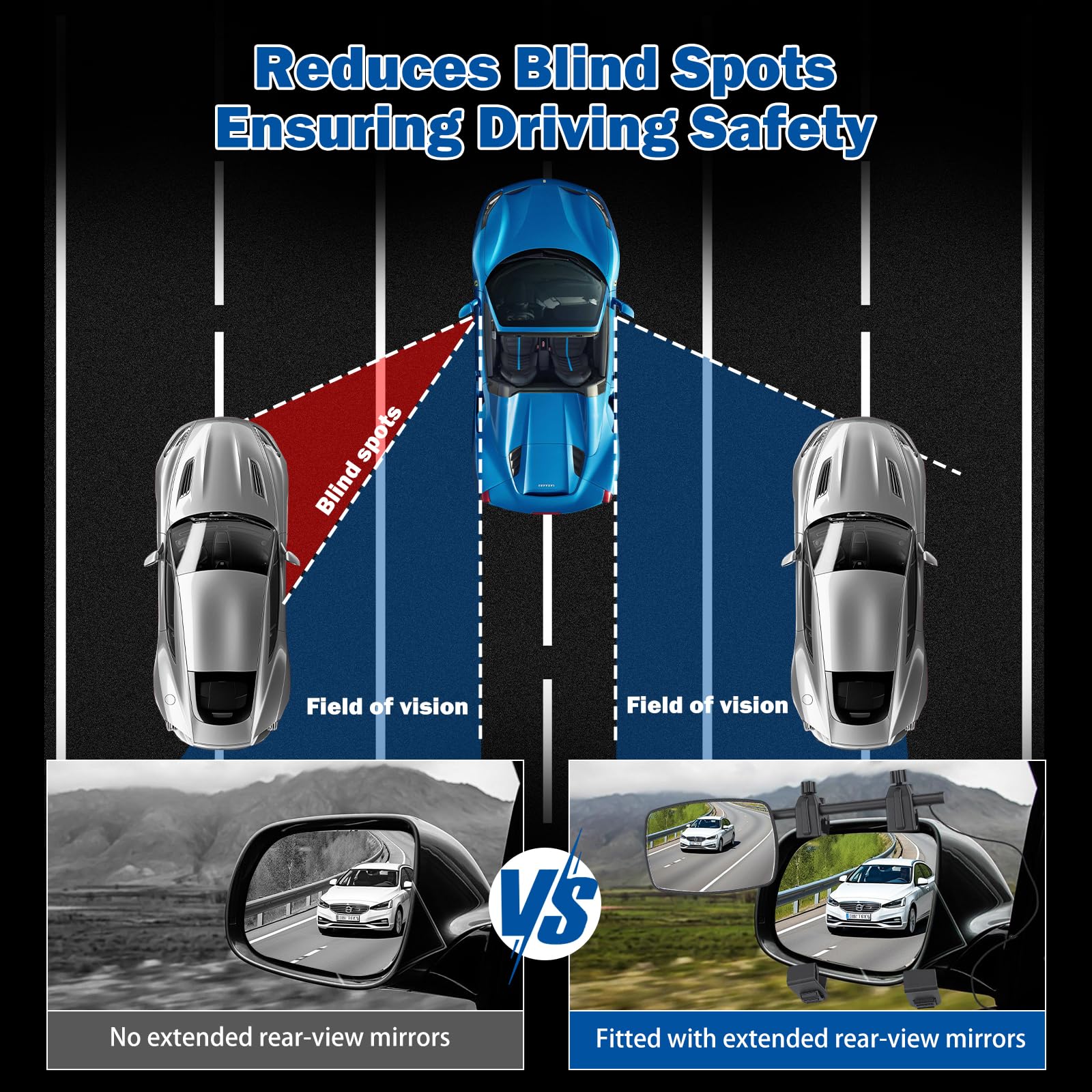 Universal Caravan Towing Mirrors Pair - Adjustable Wing Mirror Extensions with Clamps & Straps for Cars, 4x4s, Motorhomes - Eliminate Blind Spots (Style A) - 5