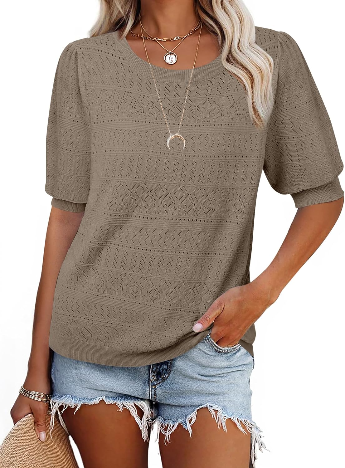 Messic Womens Short Sleeve Sweaters 2025 Summer Casual Crewneck Pullover Tops - Image 4