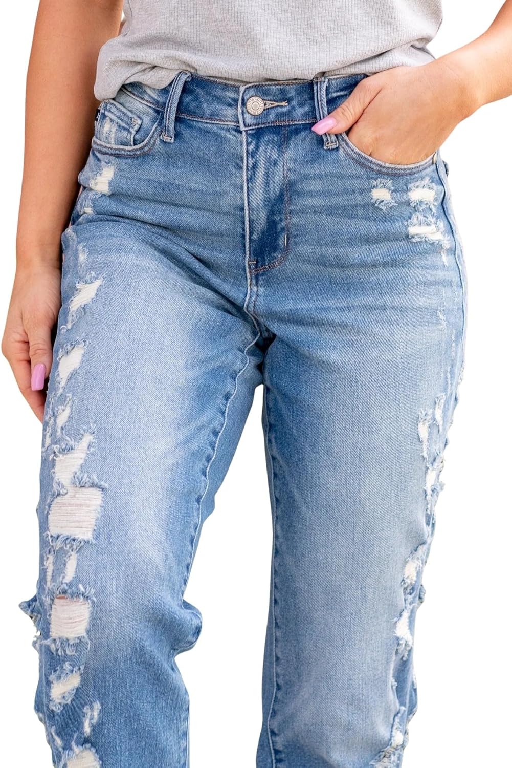 Judy Blue Women's High Rise Heavy Destroy Side Seam Cropped Straight Leg Jeans