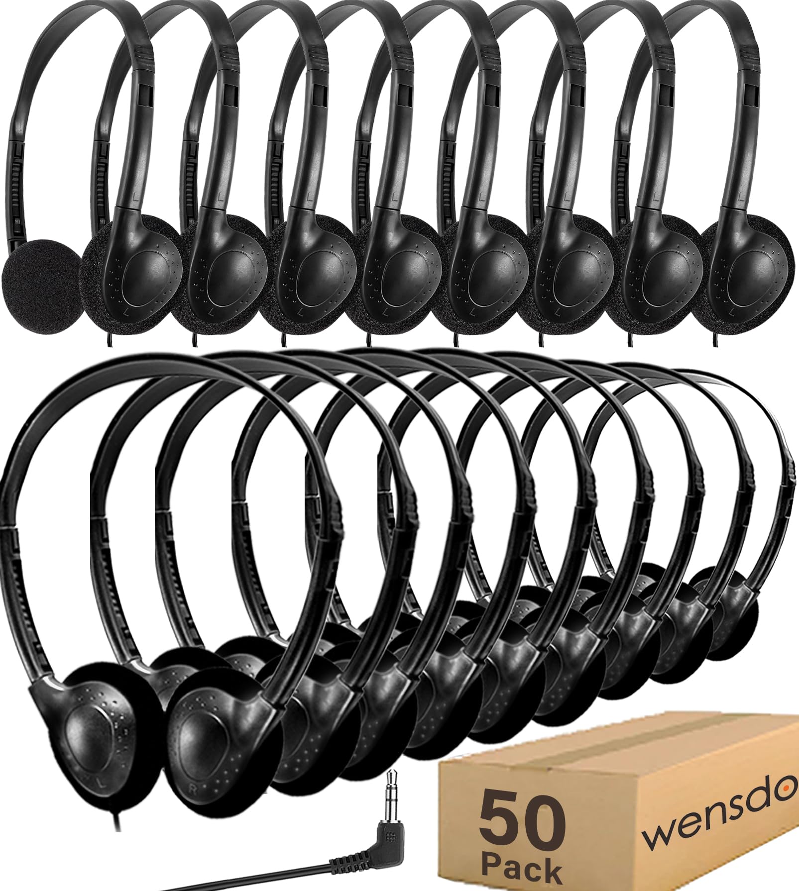 Wensdo 50 Pack Classroom Headphones Bulk for School Kids Students, Wholeslae Wired Durable Earphones Class Set for Children Toddler Teens Boys Girls