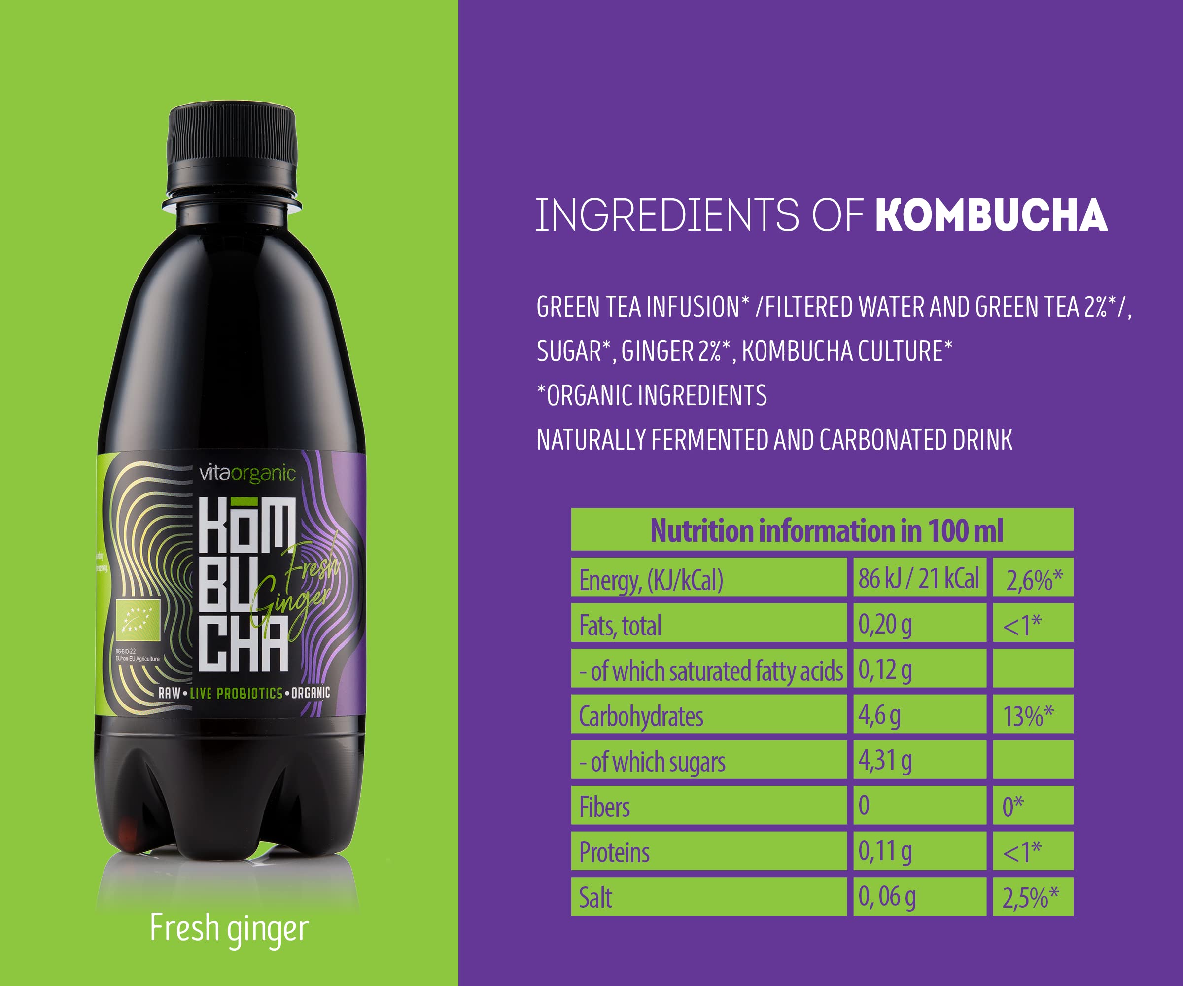 VitaOrganic Té de Kombucha Orgánico 330ml – Té Verde Espumoso con Cultivo de Kombucha Natural Viva – Bebida Fermentada Naturalmente y 100 % Orgánica – Bebida de Té Cruda, Vegana, Sin Gluten y Lactosa