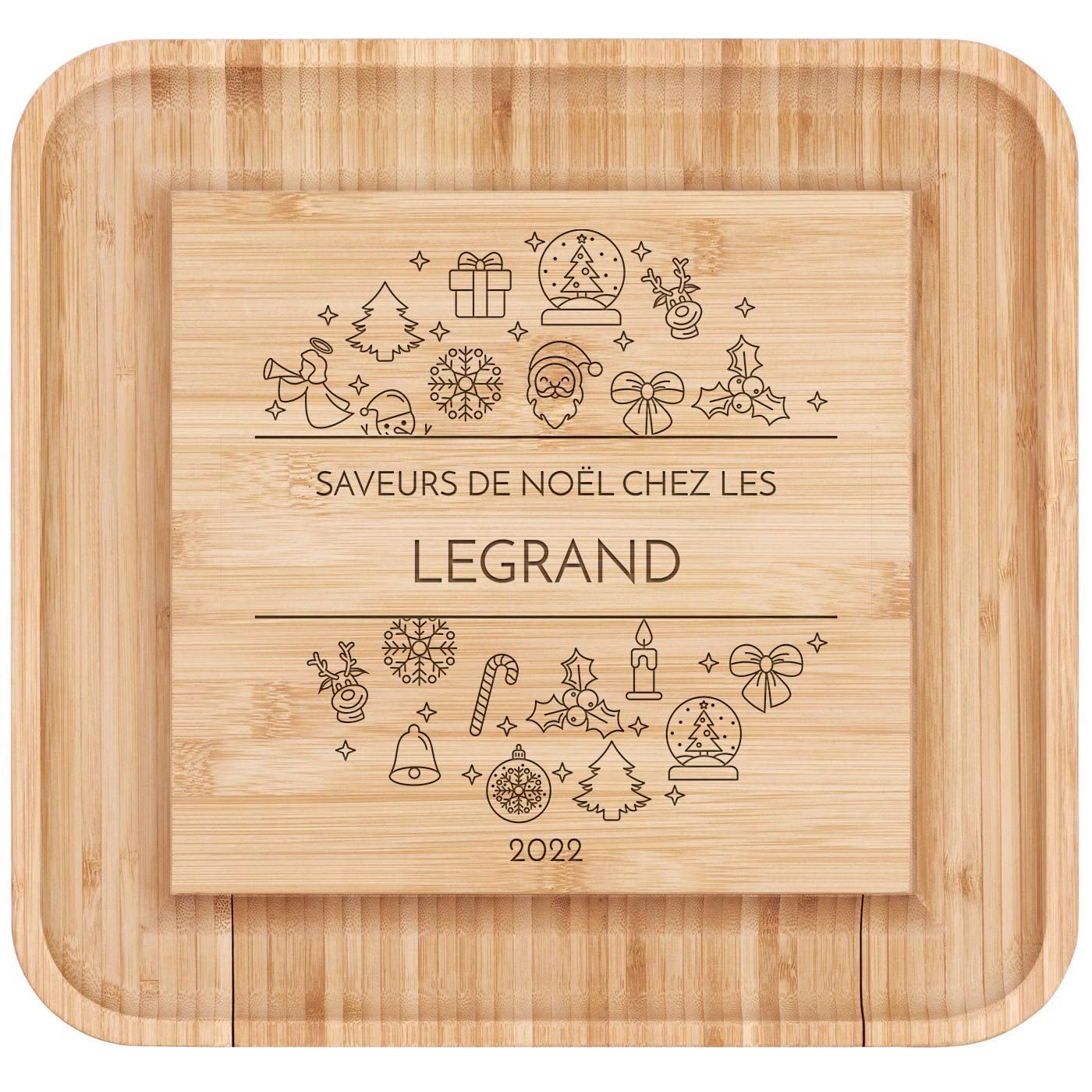 MAVERTON Planche à Fromage avec Gravure, pour Femme | Set de 4 Accessoires à Fromage, Plateau en Bois pour Homme, 34x34cm, Cadeau de Noël, pour Proches, Saveurs