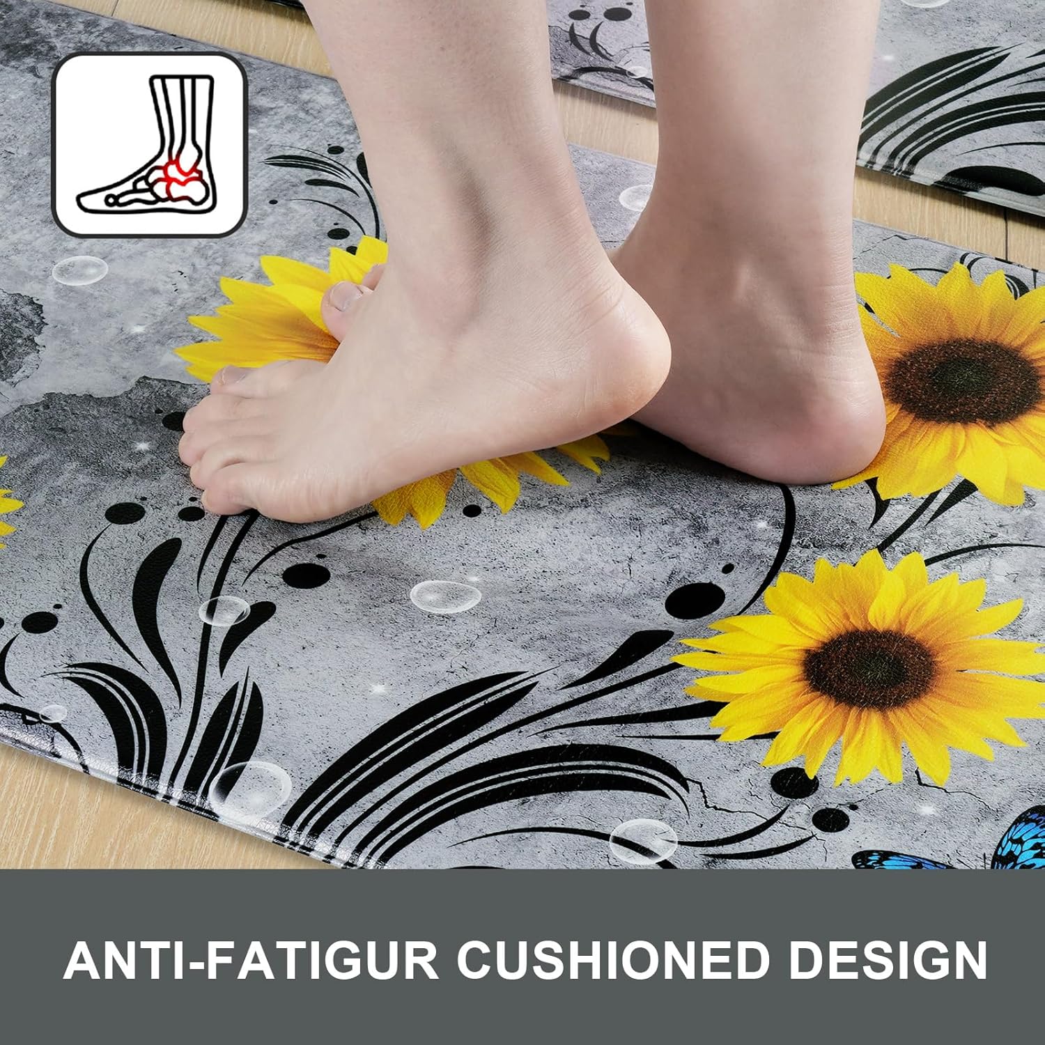 Likiyol Sunflower Kitchen Rugs Sets of 3 Kitchen Mats for Floor Anti Fatigue Mats for Kitchen Floor, Spring Floral Flower Non Slip Washable Standing Floor Mats, 18''x30''+18''x48''+18''x60''(Gray)