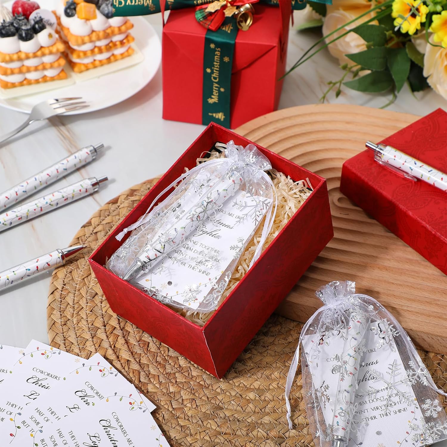 Ireer 50 Sets Christmas Office Gifts for Coworkers, Coworkers Are Like Christmas Light Theme Ballpoint Pens with Greeting Cards and Snowflake Organza Bags Appreciation Gifts for Office Team Members