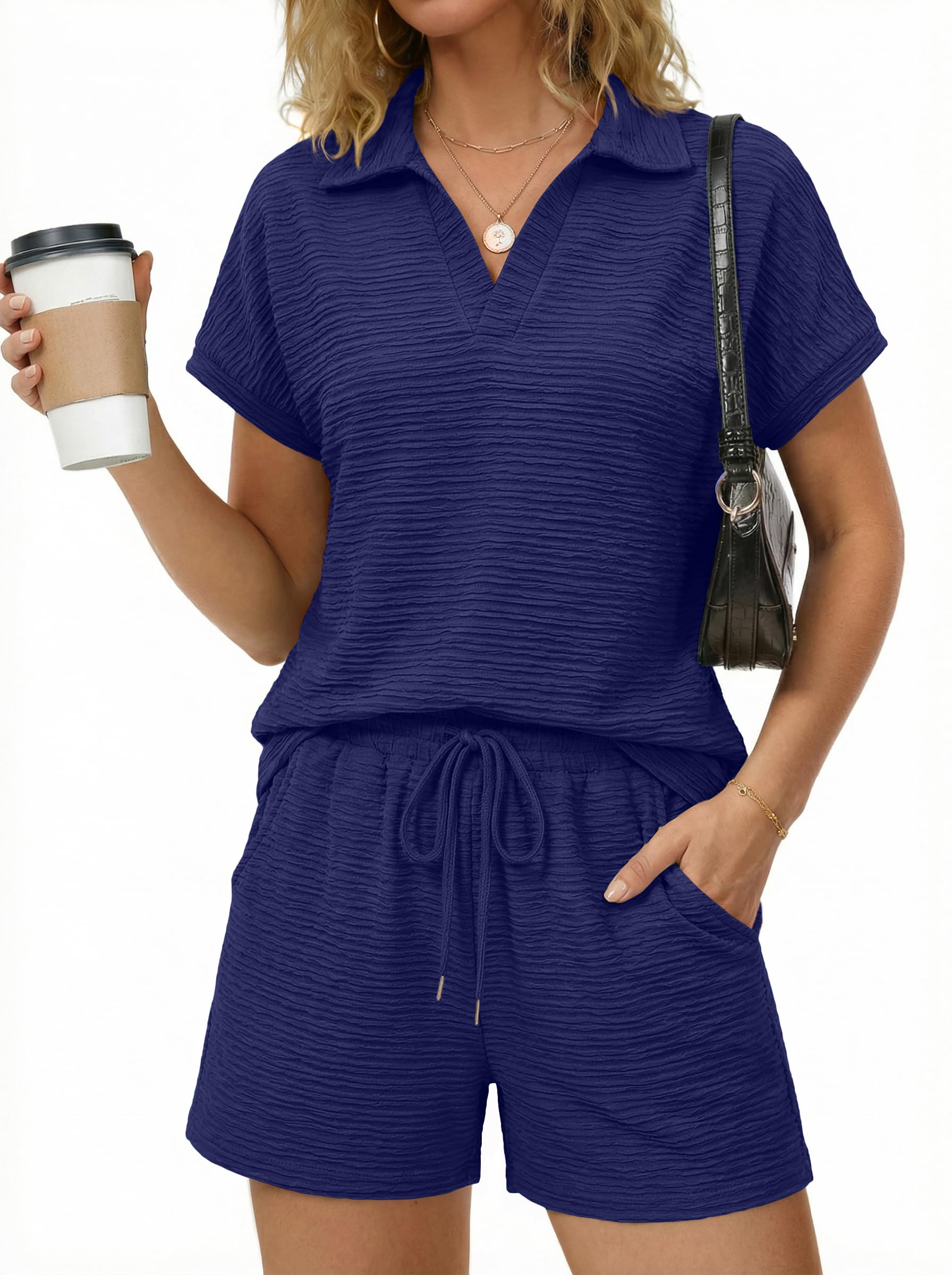 Conjunto de 2 piezas para mujer, de manga corta, con cuello en V, tops y pantalones cortos con cordón