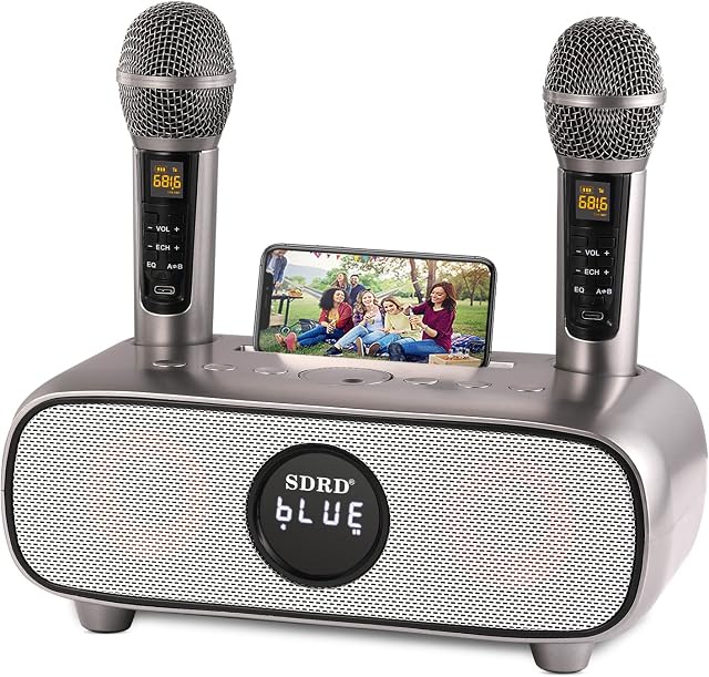 Karaoke Machine for Adults and Kids ,Bluetooth PA System with 2 Wireless Karaoke Microphone,Speaker with Mobile Phone holder/USB/TF Card/AUX In,for Home Party,Meeting,Church, Picnic,Outdoor/Indoor