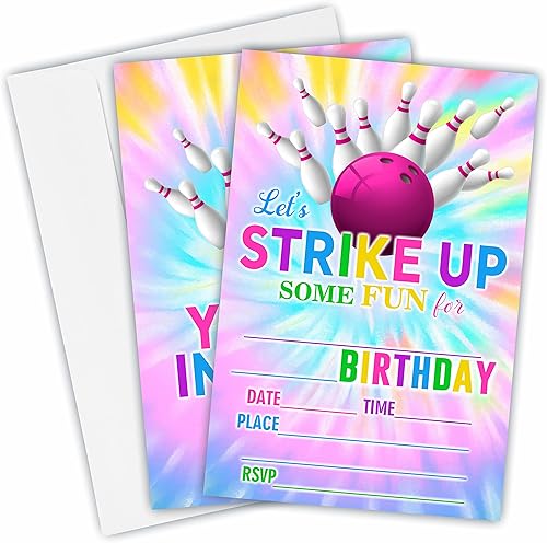 Invitaciones de cumpleaños de bolos de teñido anudado, vamos a entablar algunas divertidas invitaciones de fiesta de cumpleaños para niños y