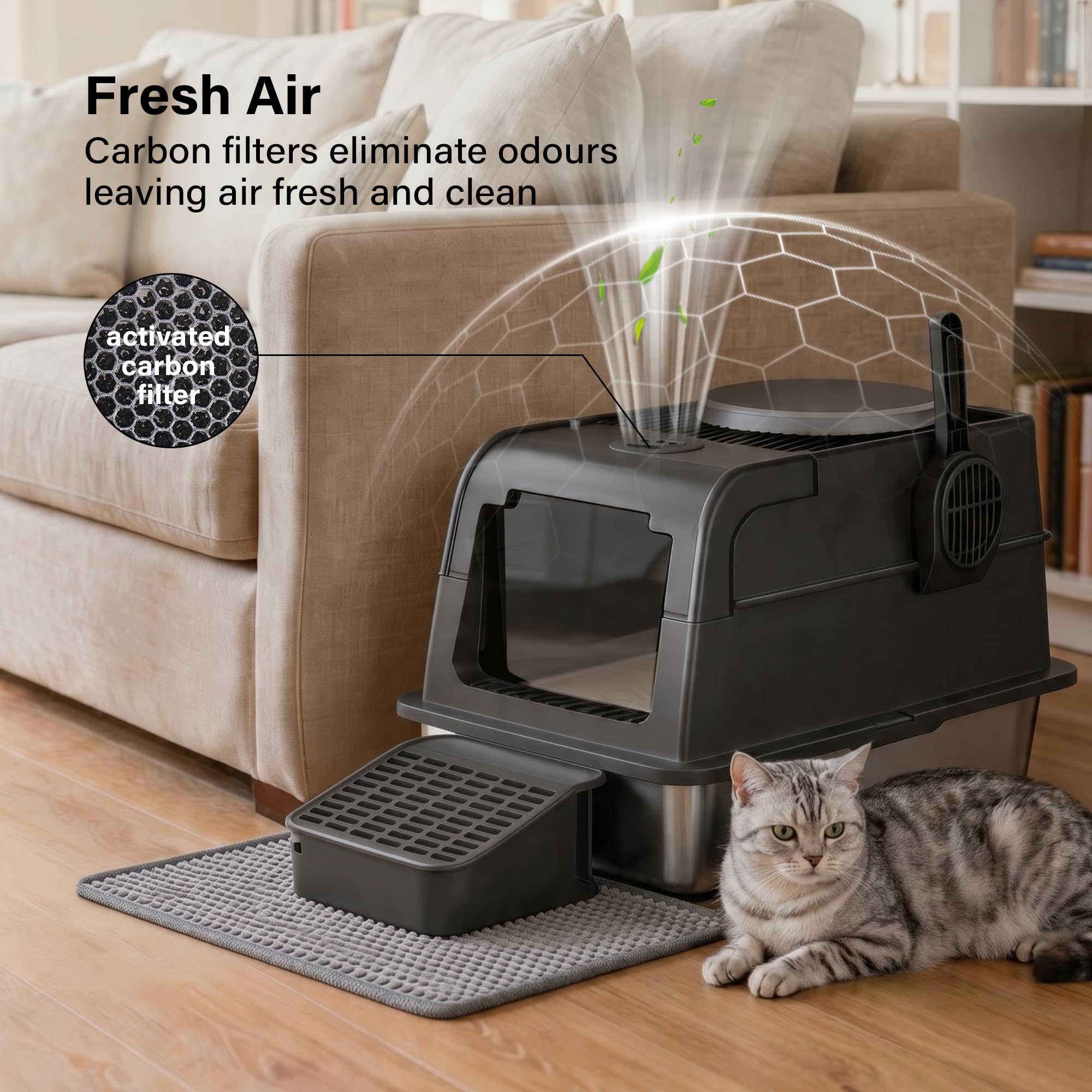 Caja de Arena para Gatos de Acero Inoxidable con Tapa | Bandeja de Arena Cerrada XXL | Sin Olor | Antiadherente | Entrada Frontal y Superior de Doble Puerta | Paso de Pedal de Filtro | Cuchara |