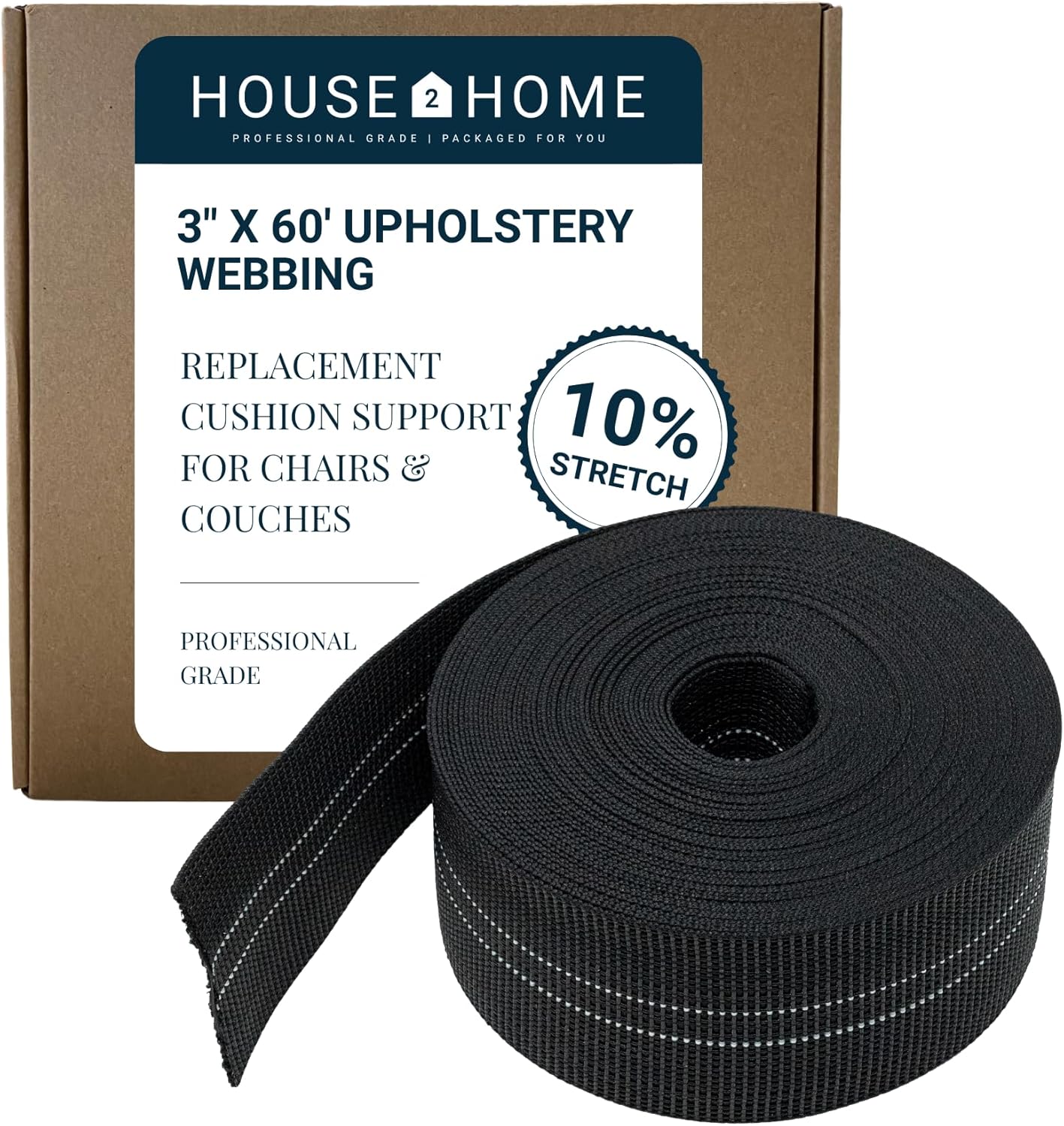 House2Home Webbing for Lawn Chairs and Furniture, Upholstery Webbing to Repair Couch Supports for Sagging Cushions, 3 Inch Wide by 60 Foot Roll 10% Stretch Elastic Chair Webbing Replacement