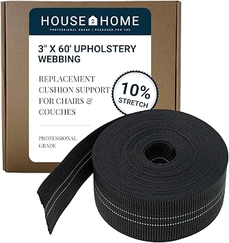 House2Home Upholstery Webbing for Chair & Couch Repair, 3" x 60 Elastic Furniture Webbing Roll, 10% Stretch Replacement Support for Sagging Seat Cushions