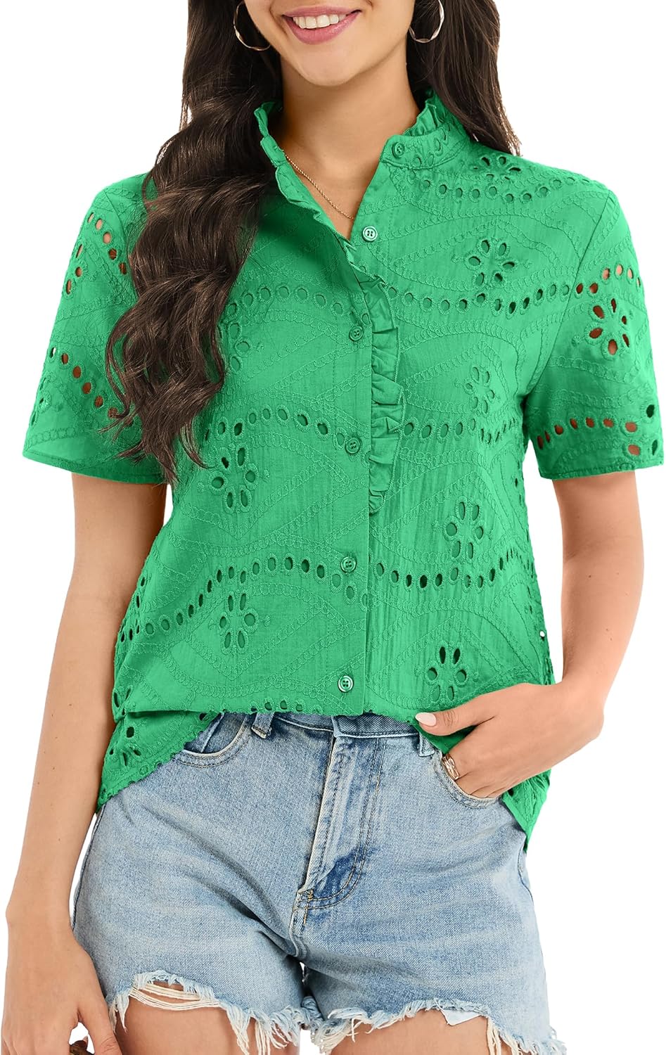 Funlingo Womens Summer Tops Dressy Casual Short Sleeve Lace Hollow Eyelet Ruffle Blouses Embroidered Button Down Shirt