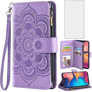 Asuwish Compatible with Samsung Galaxy A20 A30 Wallet Case and Tempered Glass Screen Protector Flower Flip Card Holder Stand Cell Phone Cover for Glaxay M10s A 20 30 Gaxaly 20A SM A205G Women Purple