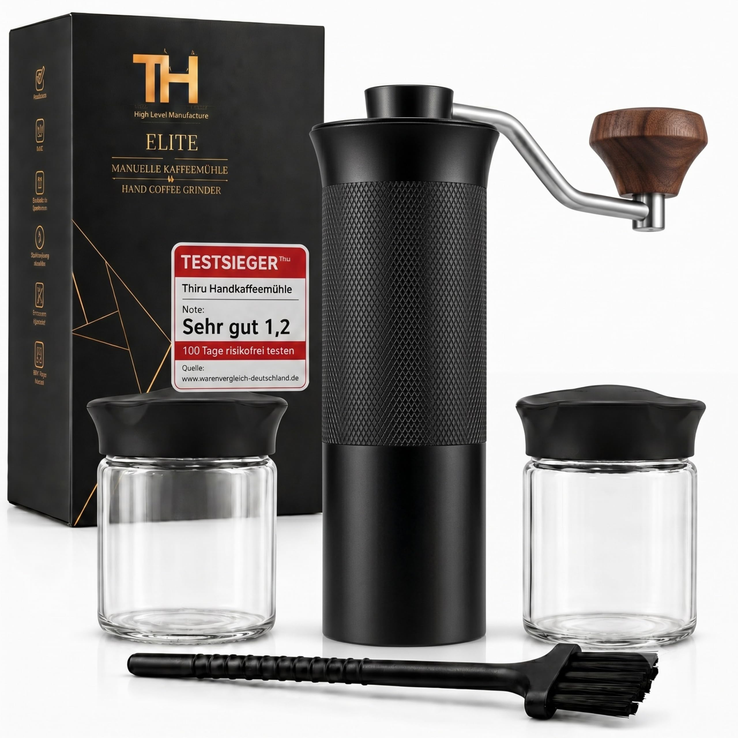 Thiru Handkaffeemühle manuell, Testsieger 2026*, Edelstahl-Kegelmahlwerk mit 60 Mahlgraden & Doppellager – Espresso mit Crema, Filterkaffee & French Press, Holzgriff & 2 Glasbehälter (Walnussgriff)