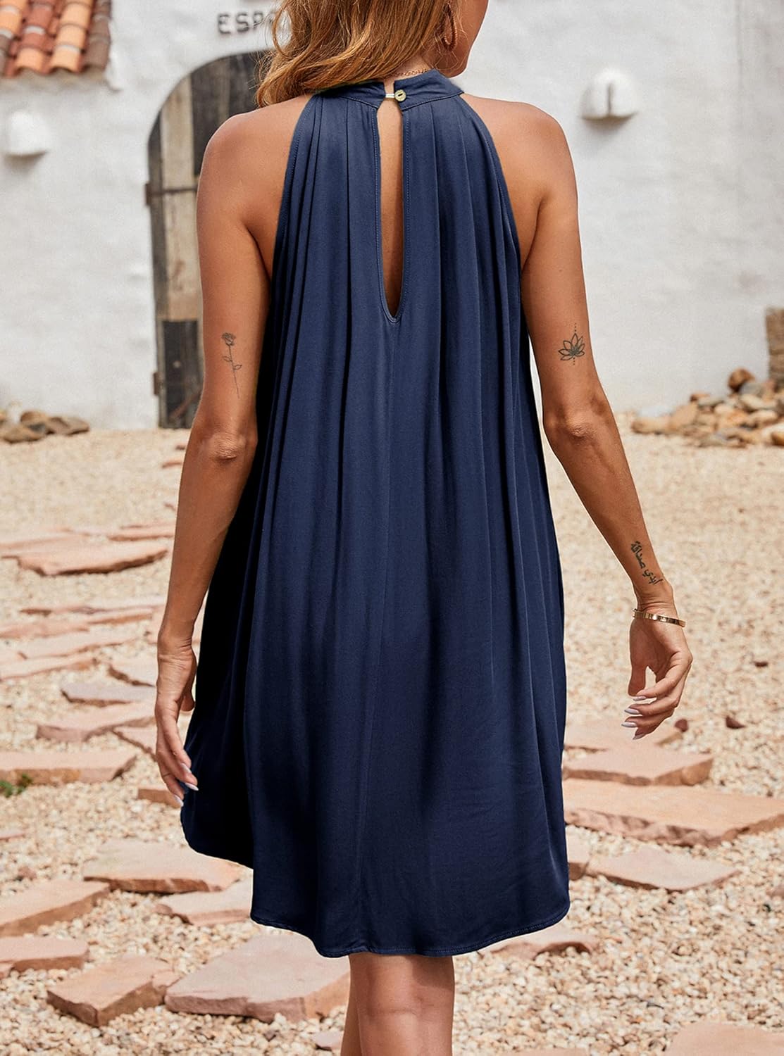 KIRUNDO Women's 2025 Summer Halter Neck Sleeveless Mini Dress Loose Tank Top Pleated Flowy Short Beach Sundresses - Image 5