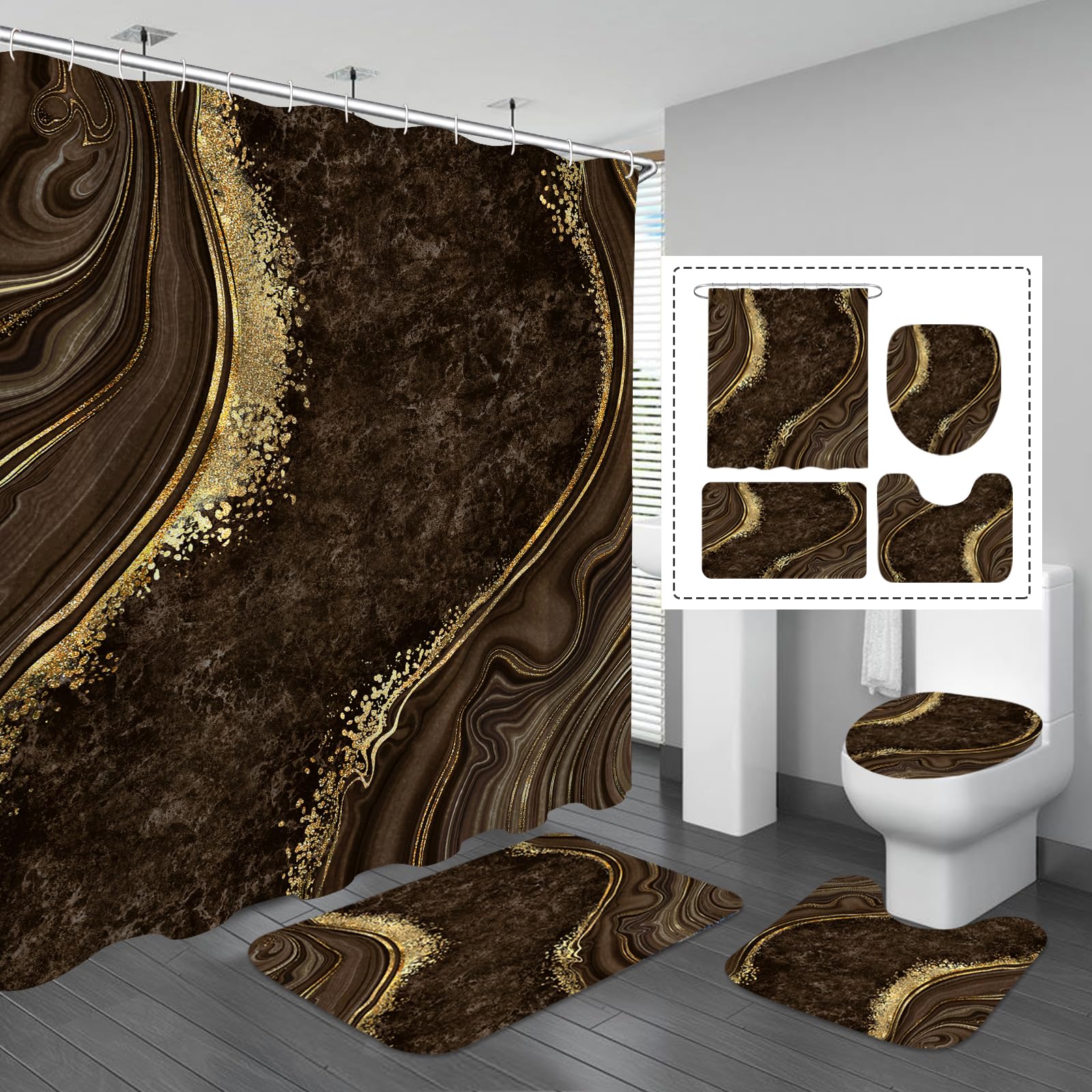 Gibelle 4 Pcs Luxury Marble Shower Curtain Set with Non-Slip Rugs, Toilet Lid Cover and Bath Mat, Gold Foil Brown Bathroom Decor Set with Shower