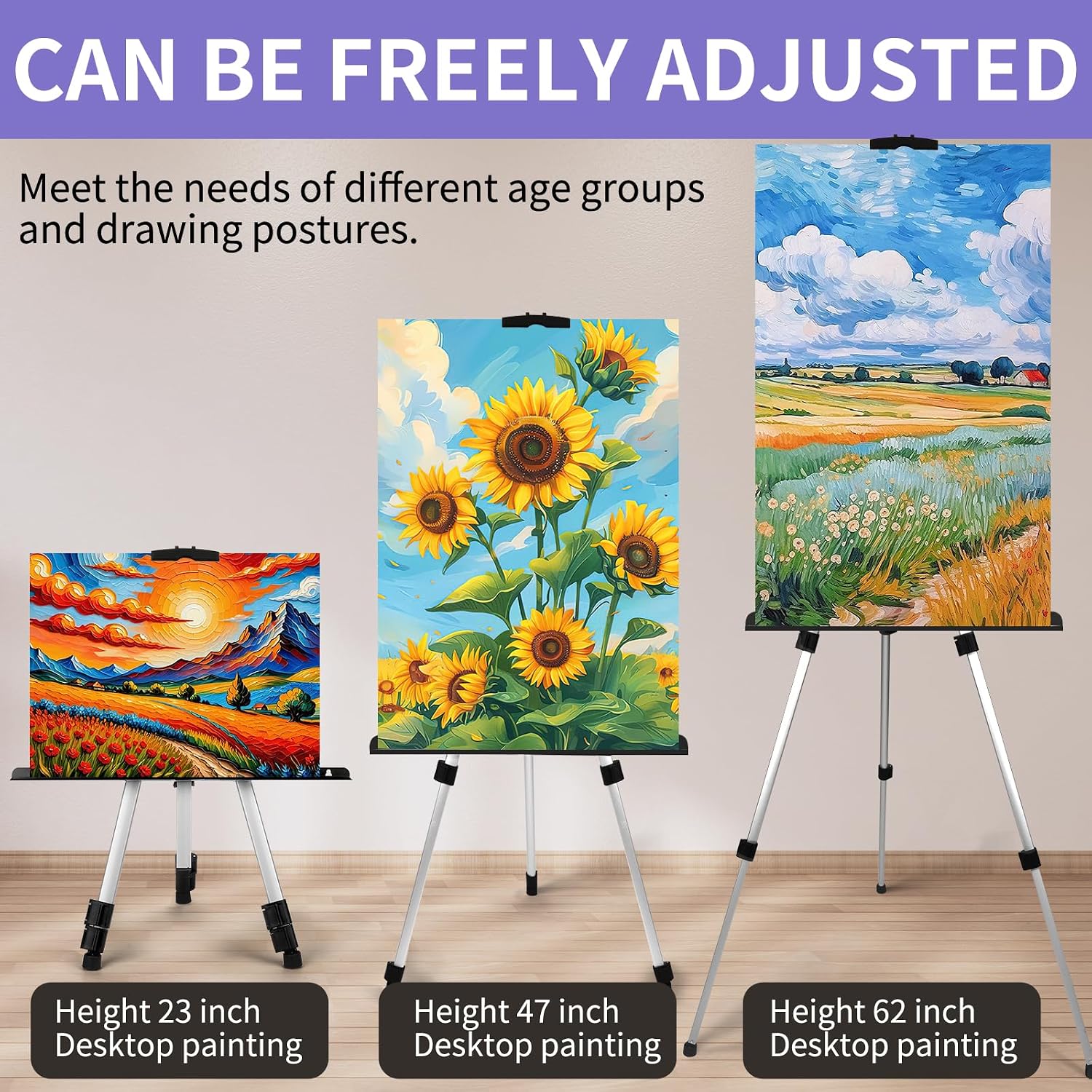 4 Pack Art Painting Artist Easel Stand Adjustable Portable Aluminum Metal Tripod Display Easel with 4 Bag Height from 20-66 Inches Tabletop Art Easel for Table-Top/Floor Drawing and Displaying,Silver