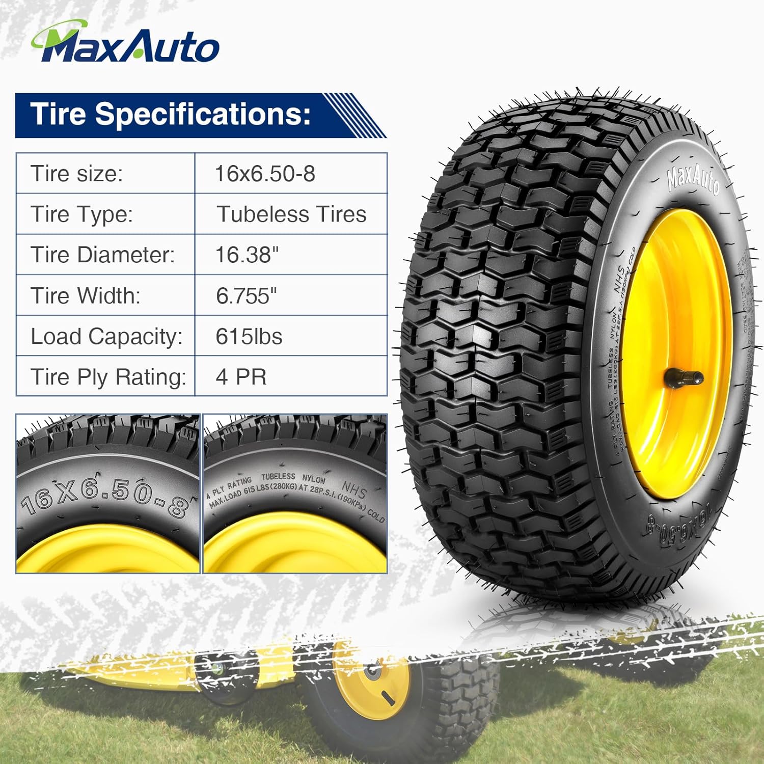 MaxAuto 2Pcs 16x6.50-8 Front Tires and Wheels Assembly for Lawn Mower Garden Tractors, 3" Offset Hub with 3/4"Bearings, Pneumatic Tire, 615lbs Capacity, 4-Ply Tubeless