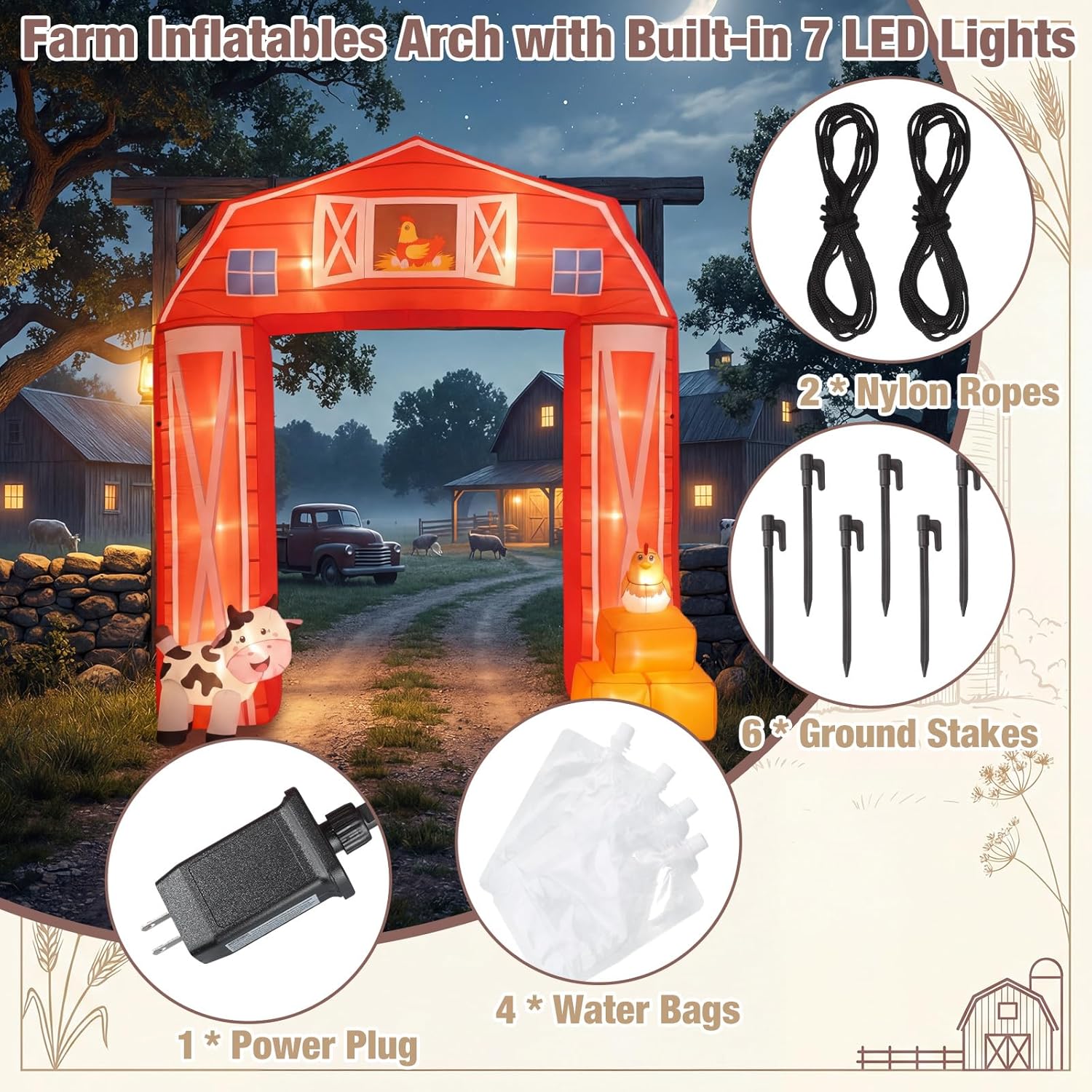 Capoda 10ft Farm Inflatables Arch Farmhouse Outdoor Giant Blow up Archway with Built-in 7 LED Lights Farm Animals Party Decorations for Birthday Baby Shower Outdoor Garden Yard Lawn Supplies