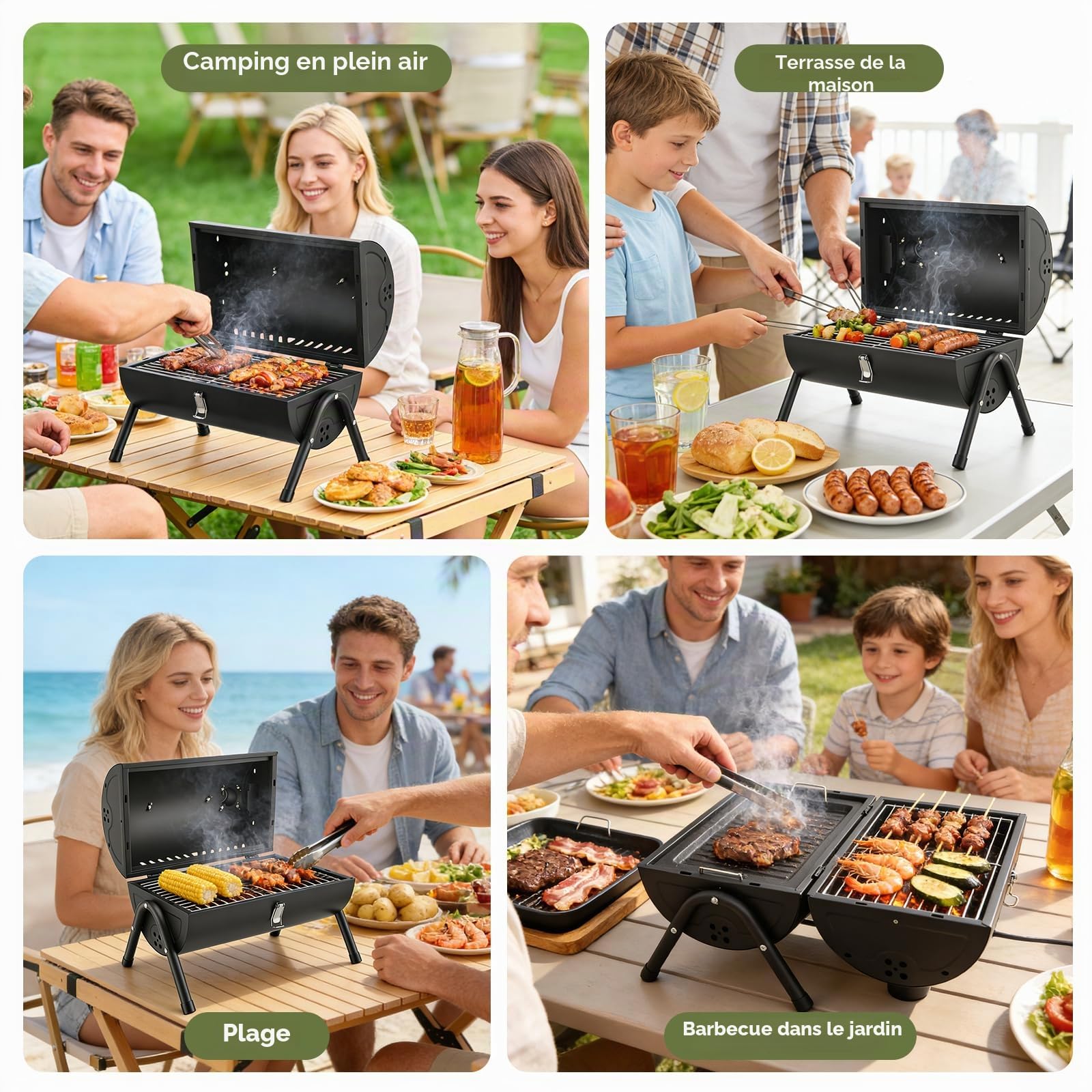 Barbecue portable de camping, barbecue tambour d'extérieur, idéal pour la plage, le camping-car, le jardin et les fêtes. Noir, avec 1 plateau de cuisson et 2 grilles